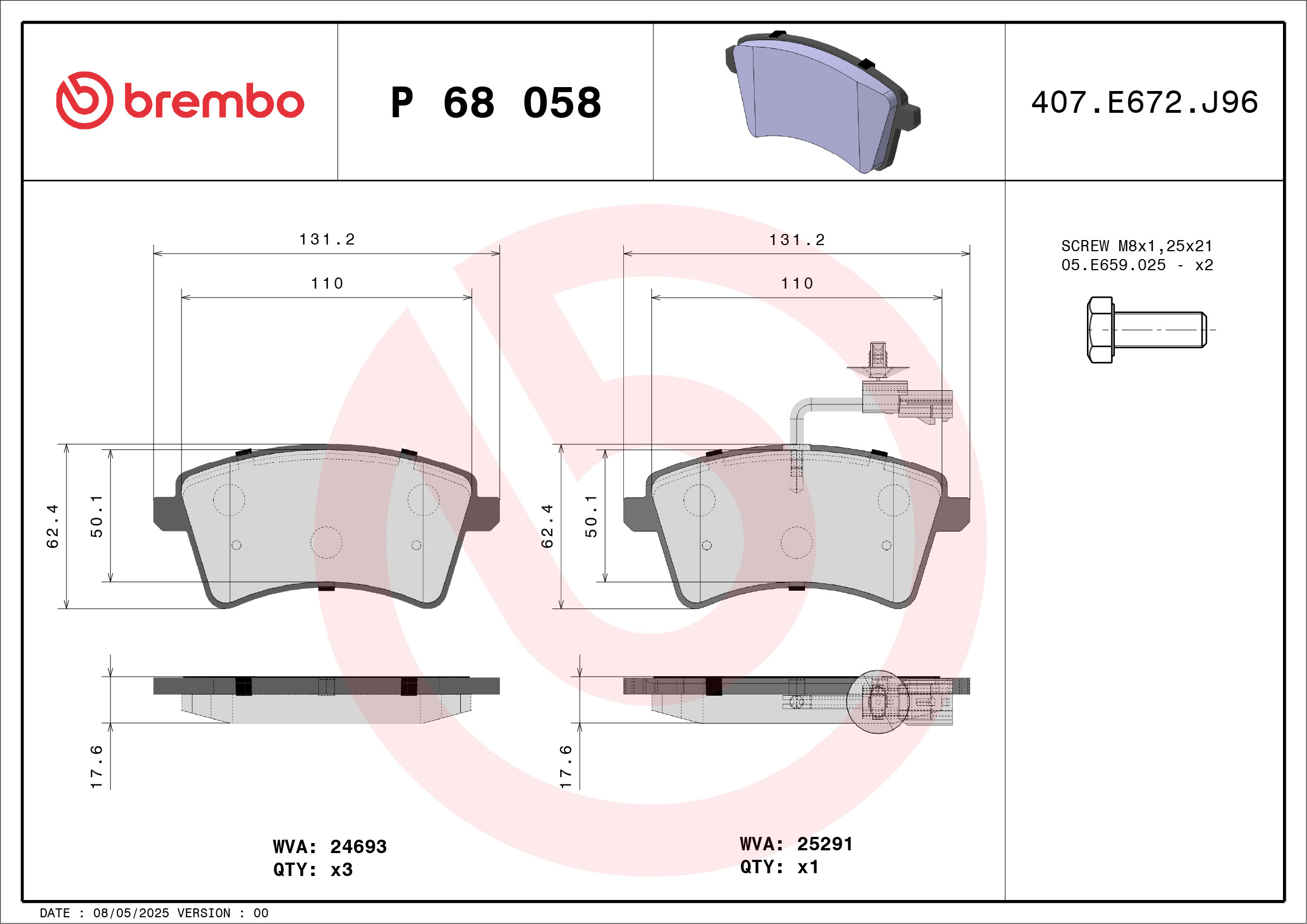 stabdžių trinkelių rinkinys, diskinis stabdys - P 68 058 BREMBO