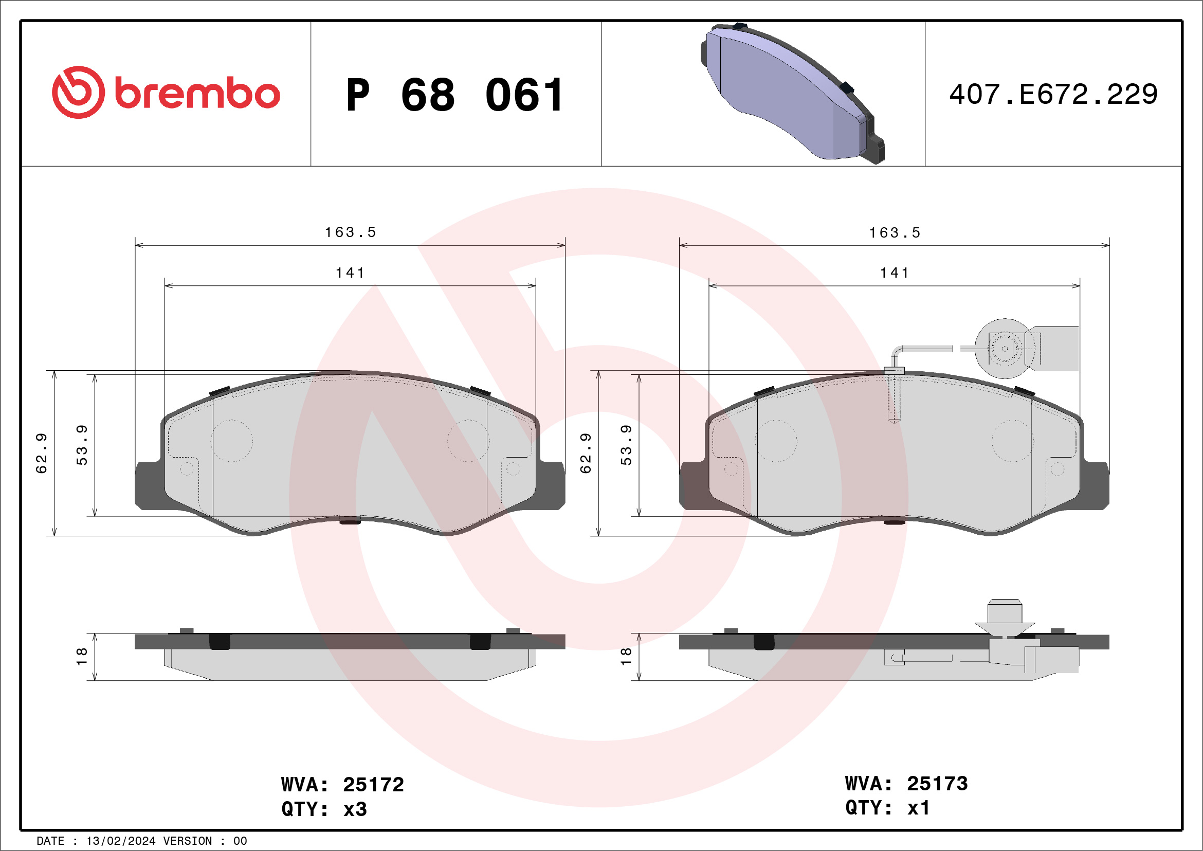 Brake Pad Set, disc brake - P 68 061 BREMBO