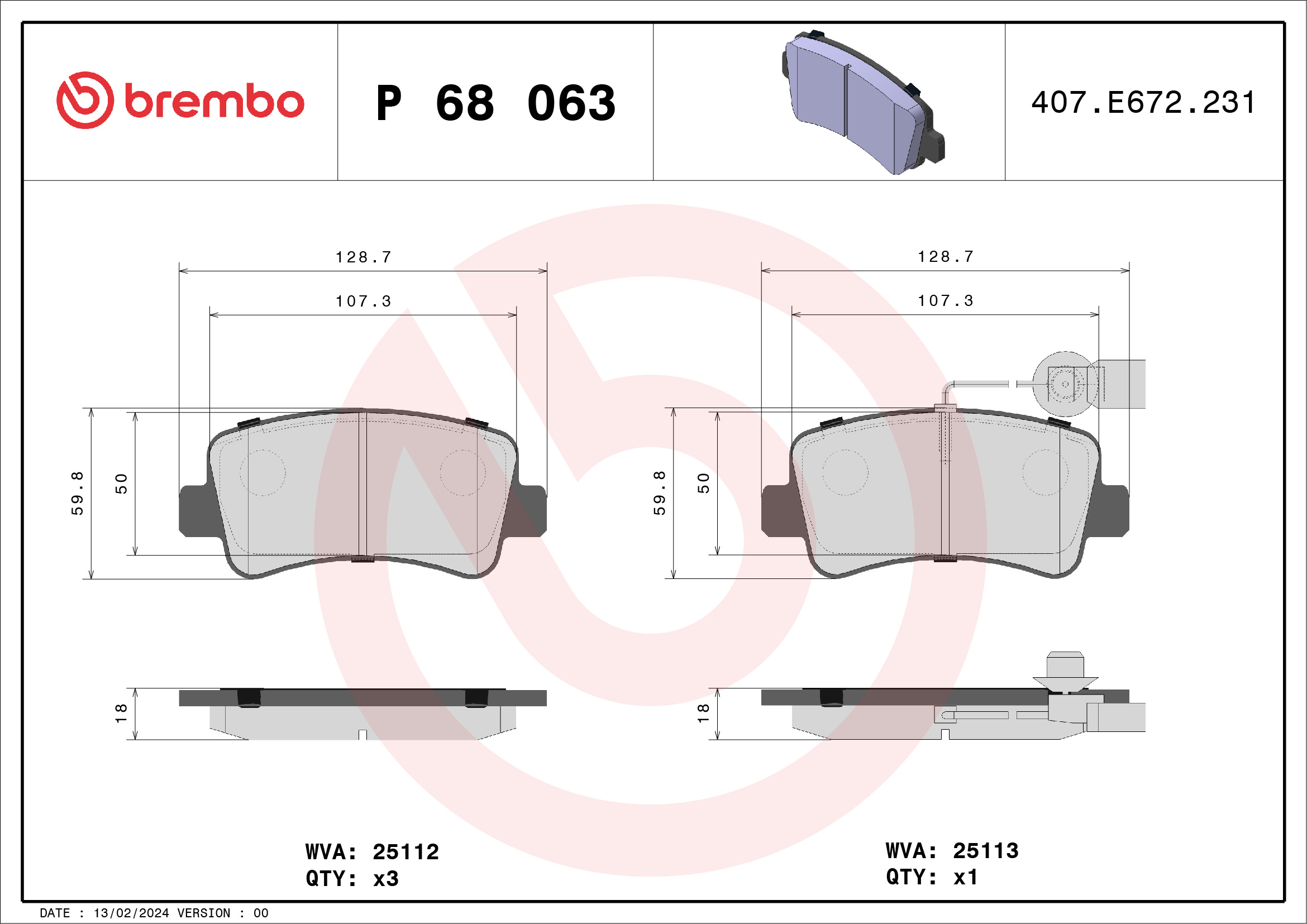 Brake Pad Set, disc brake - P 68 063 BREMBO