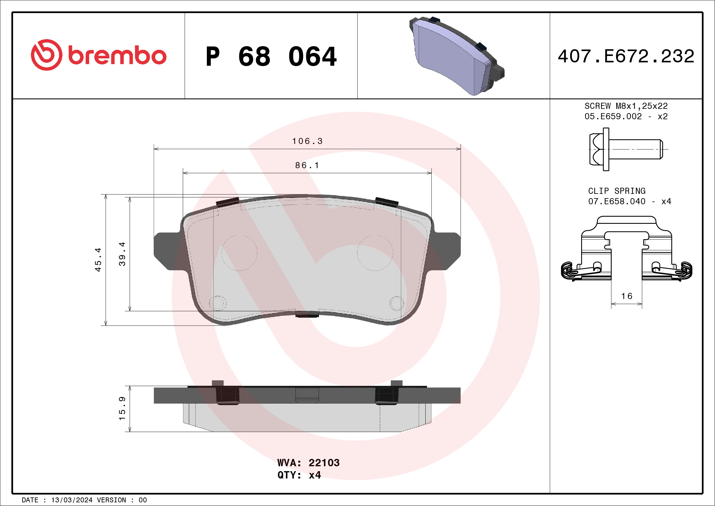 Brake Pad Set, disc brake - P 68 064 BREMBO