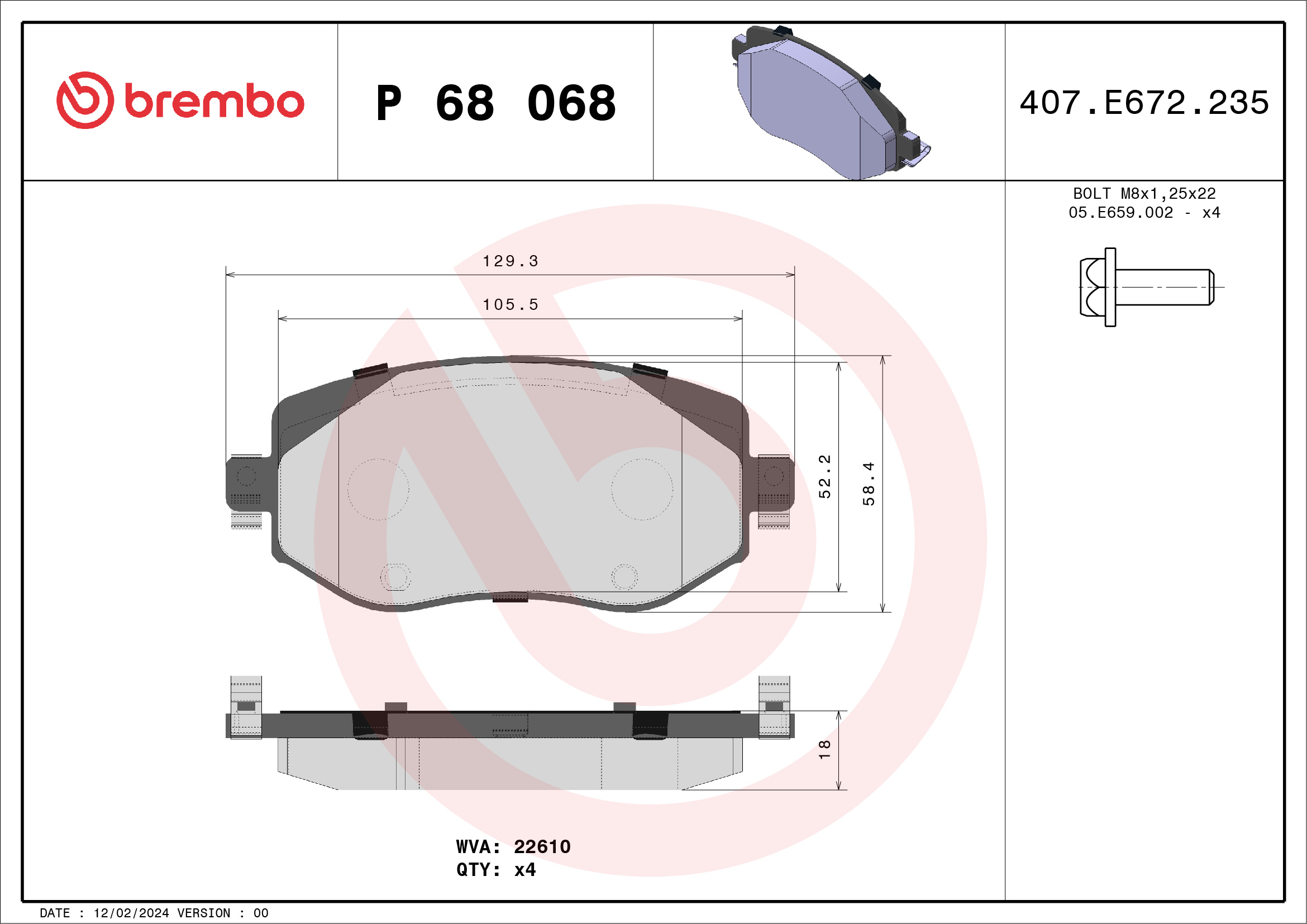 stabdžių trinkelių rinkinys, diskinis stabdys - P 68 068 BREMBO