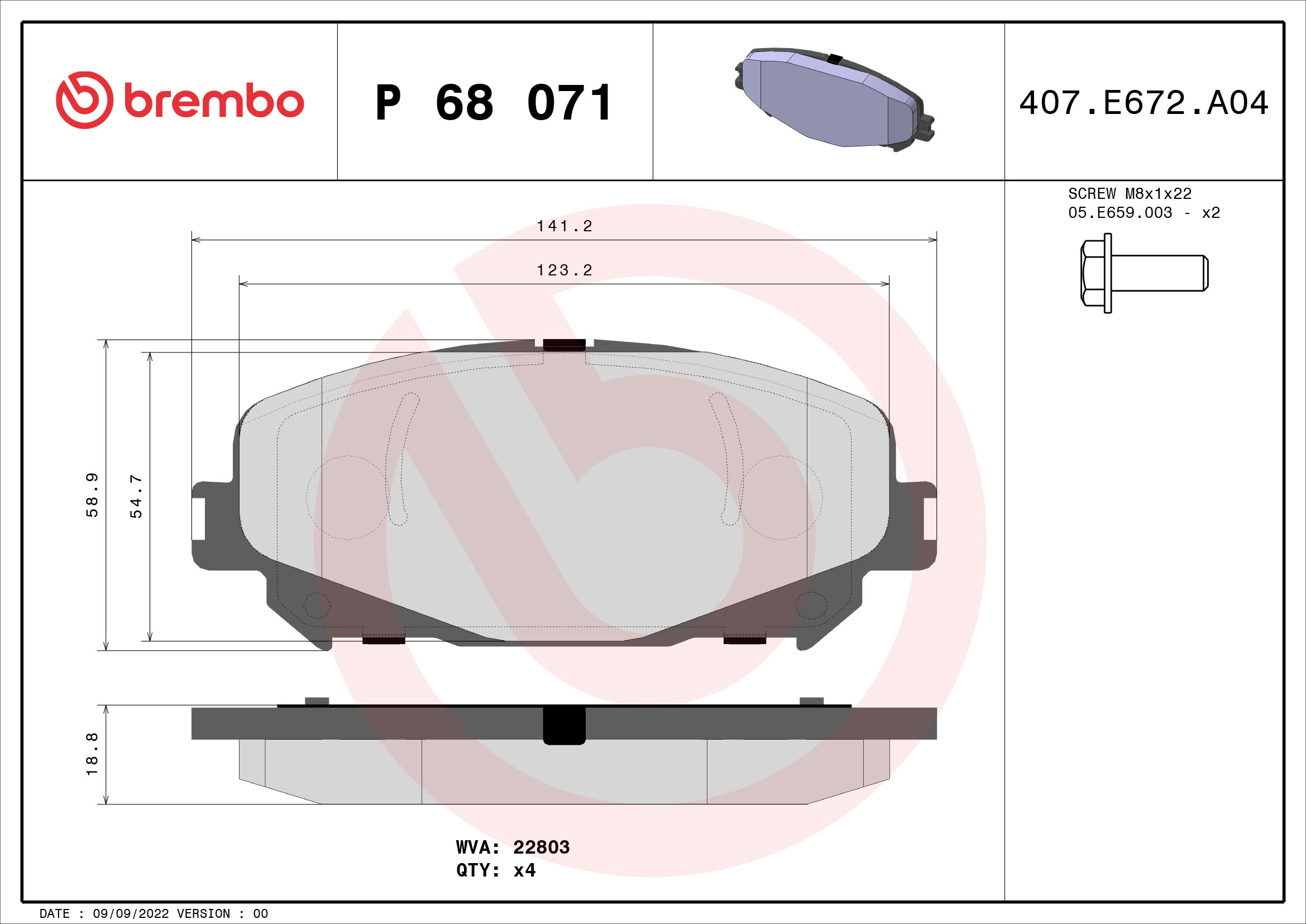 Bremsbelagsatz, Scheibenbremse - P 68 071 BREMBO