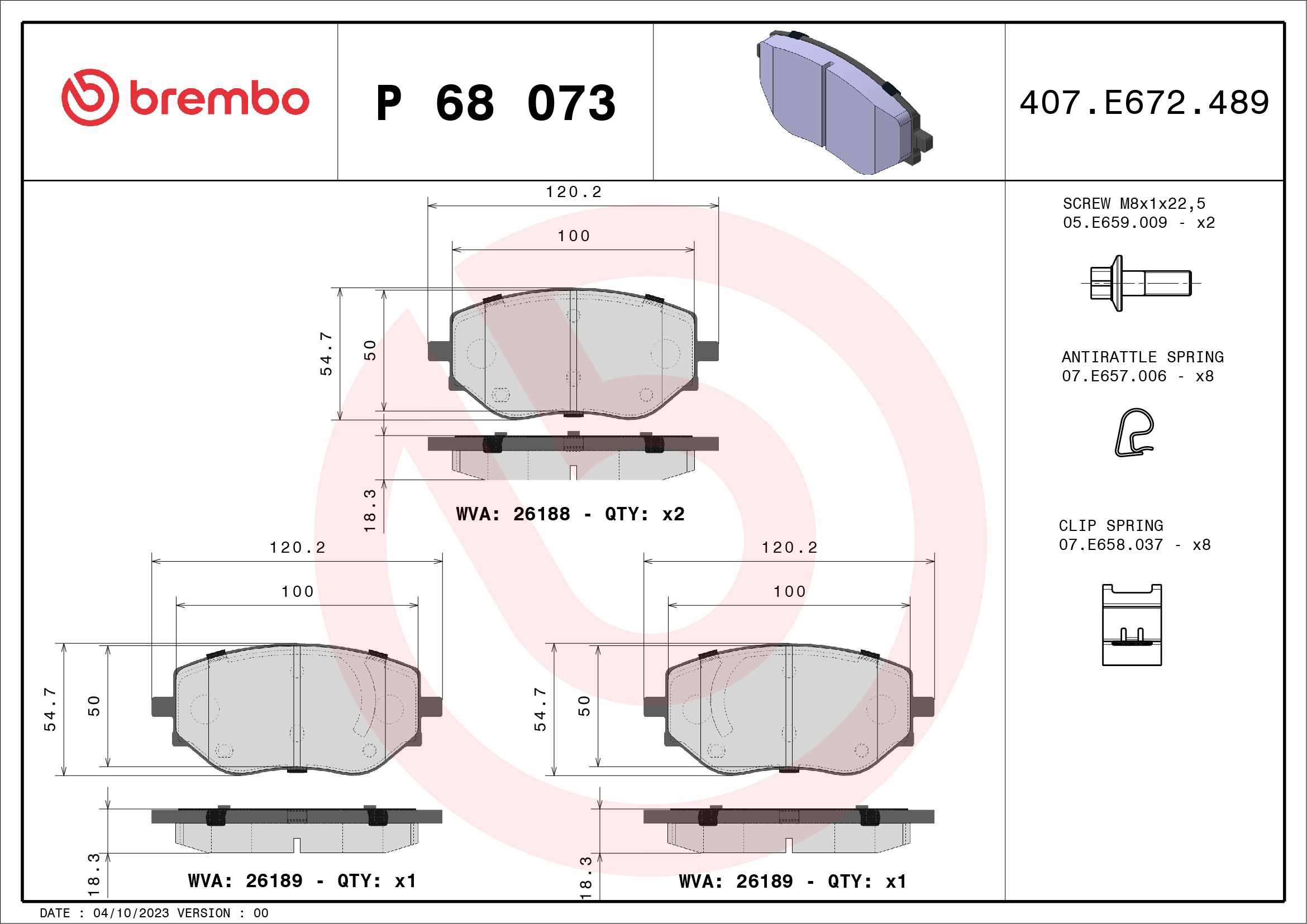 stabdžių trinkelių rinkinys, diskinis stabdys - P 68 073 BREMBO
