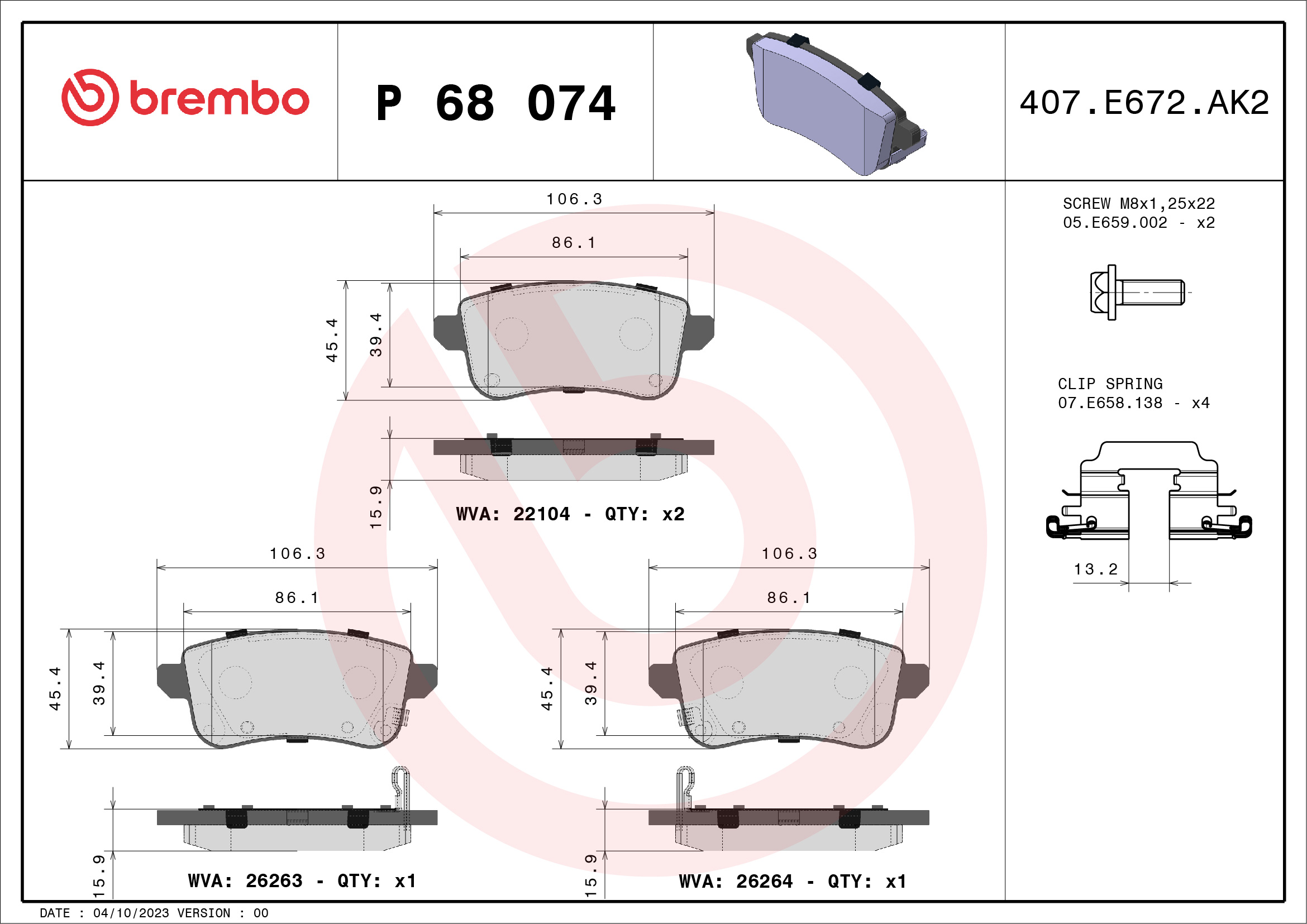 Kit pastiglie freno, Freno a disco - P 68 074 BREMBO