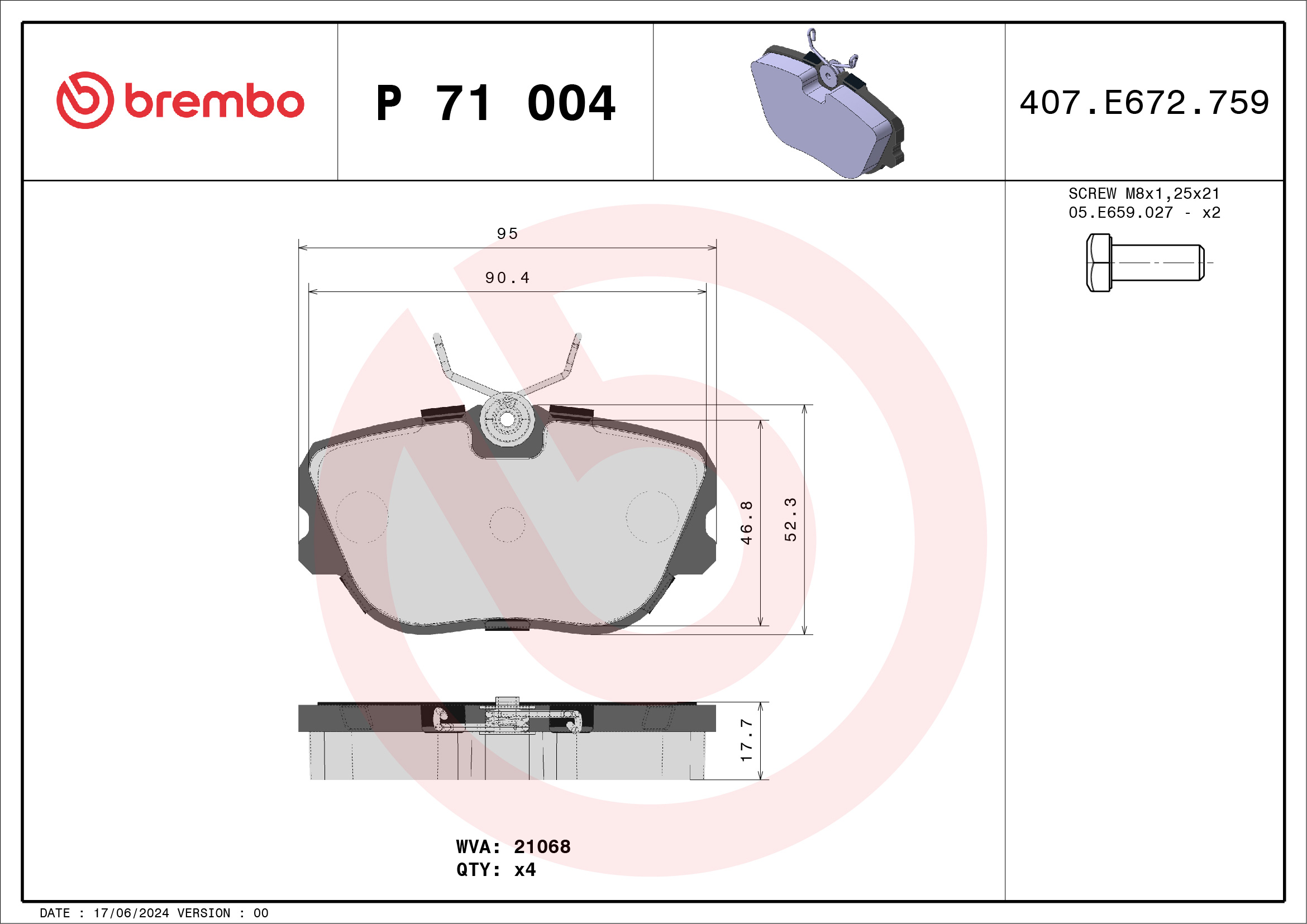 Brake Pad Set, disc brake - P 71 004 BREMBO
