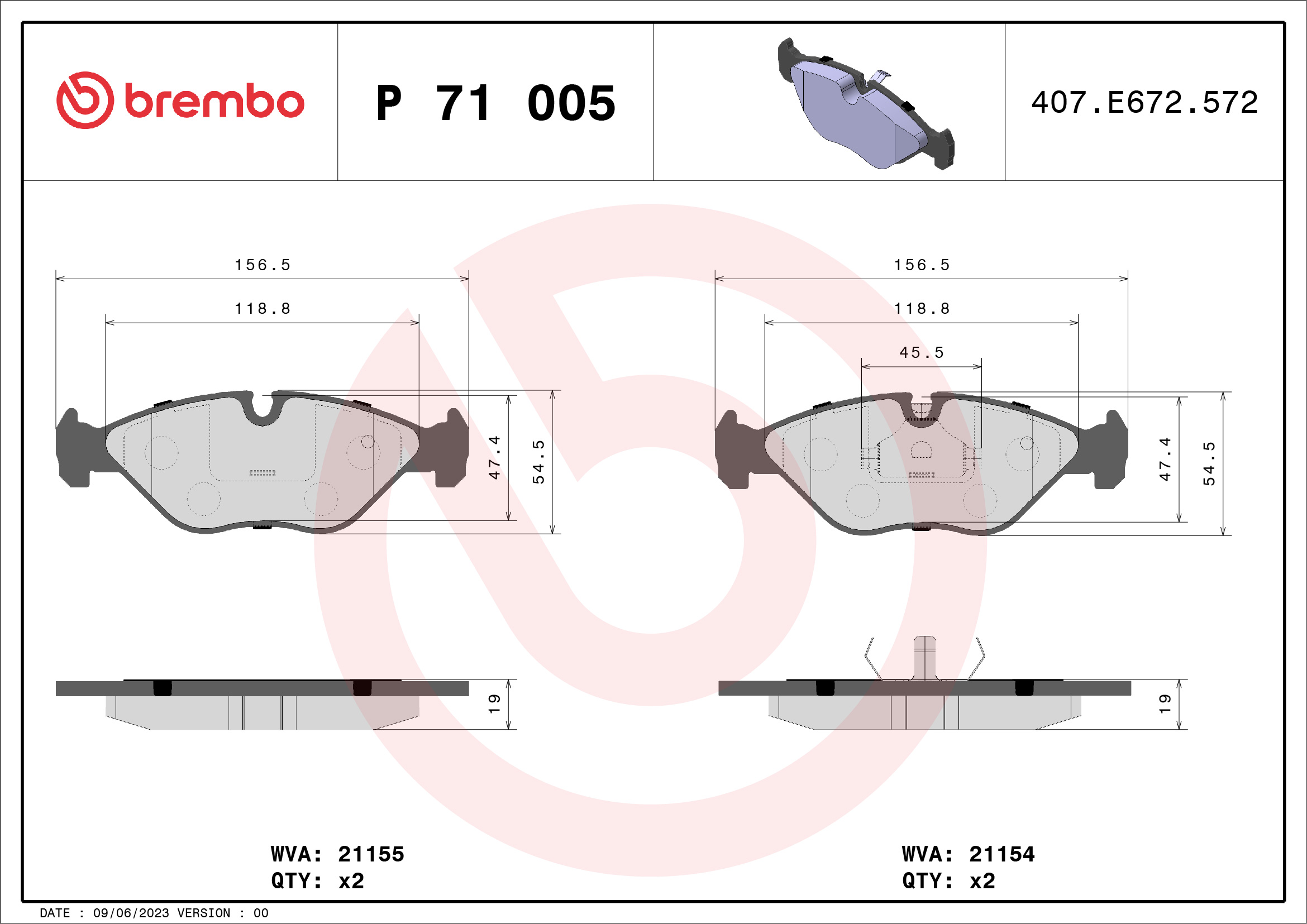 Brake Pad Set, disc brake - P 71 005 BREMBO