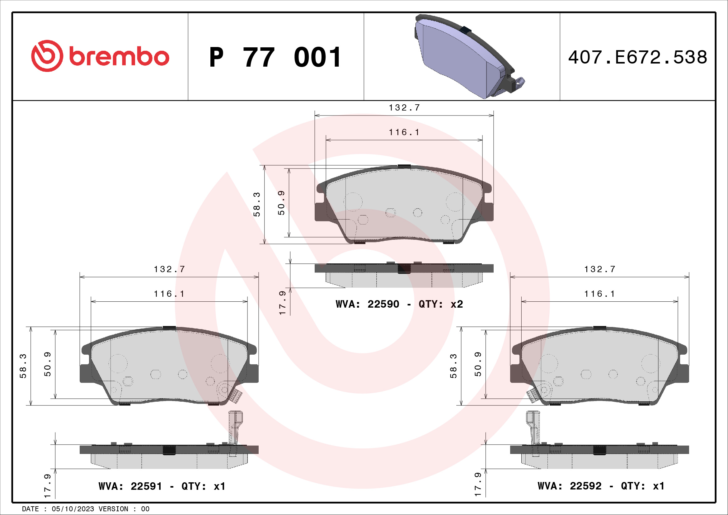 Brake Pad Set, disc brake - P 77 001 BREMBO