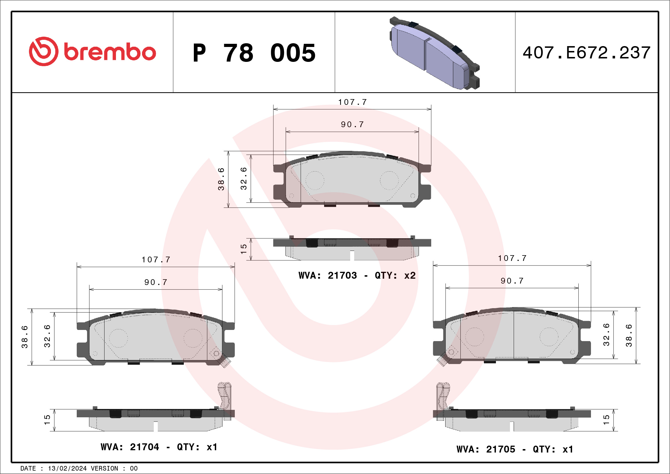 Brake Pad Set, disc brake - P 78 005 BREMBO