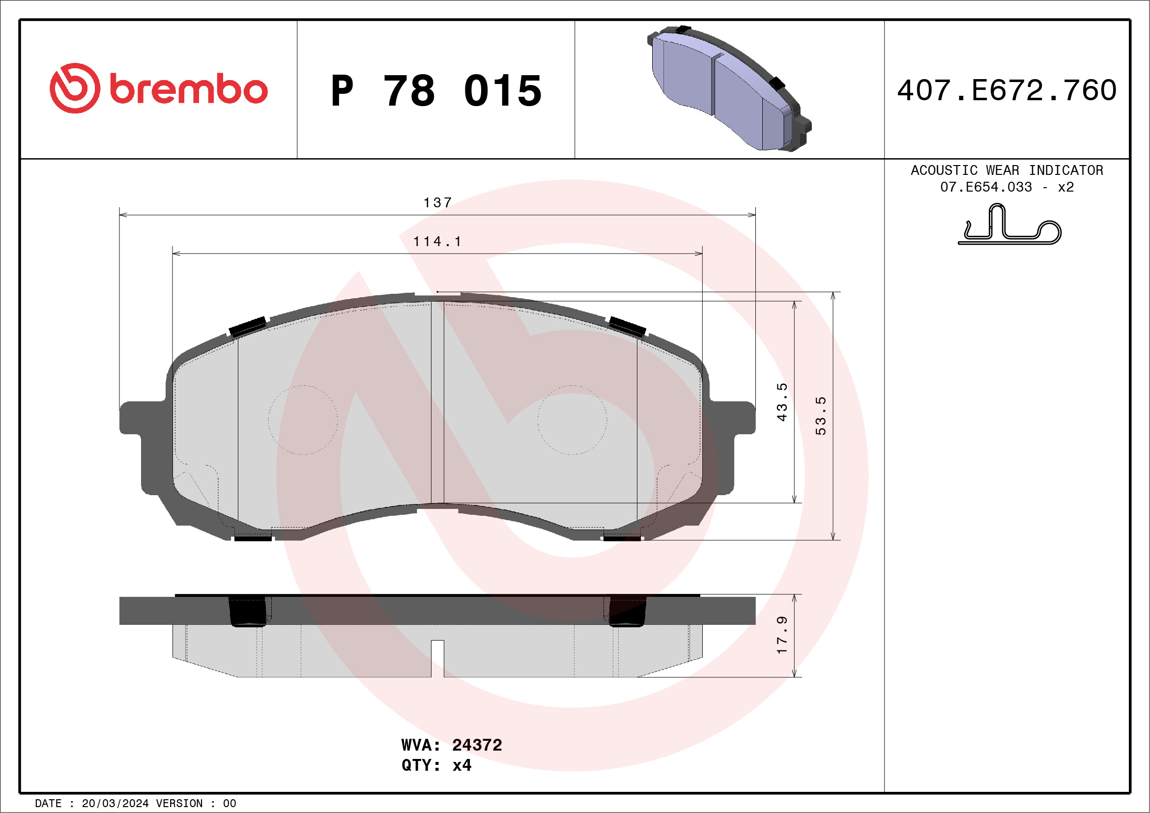 Комплект тормозных колодок, дисковый тормоз - P 78 015 BREMBO