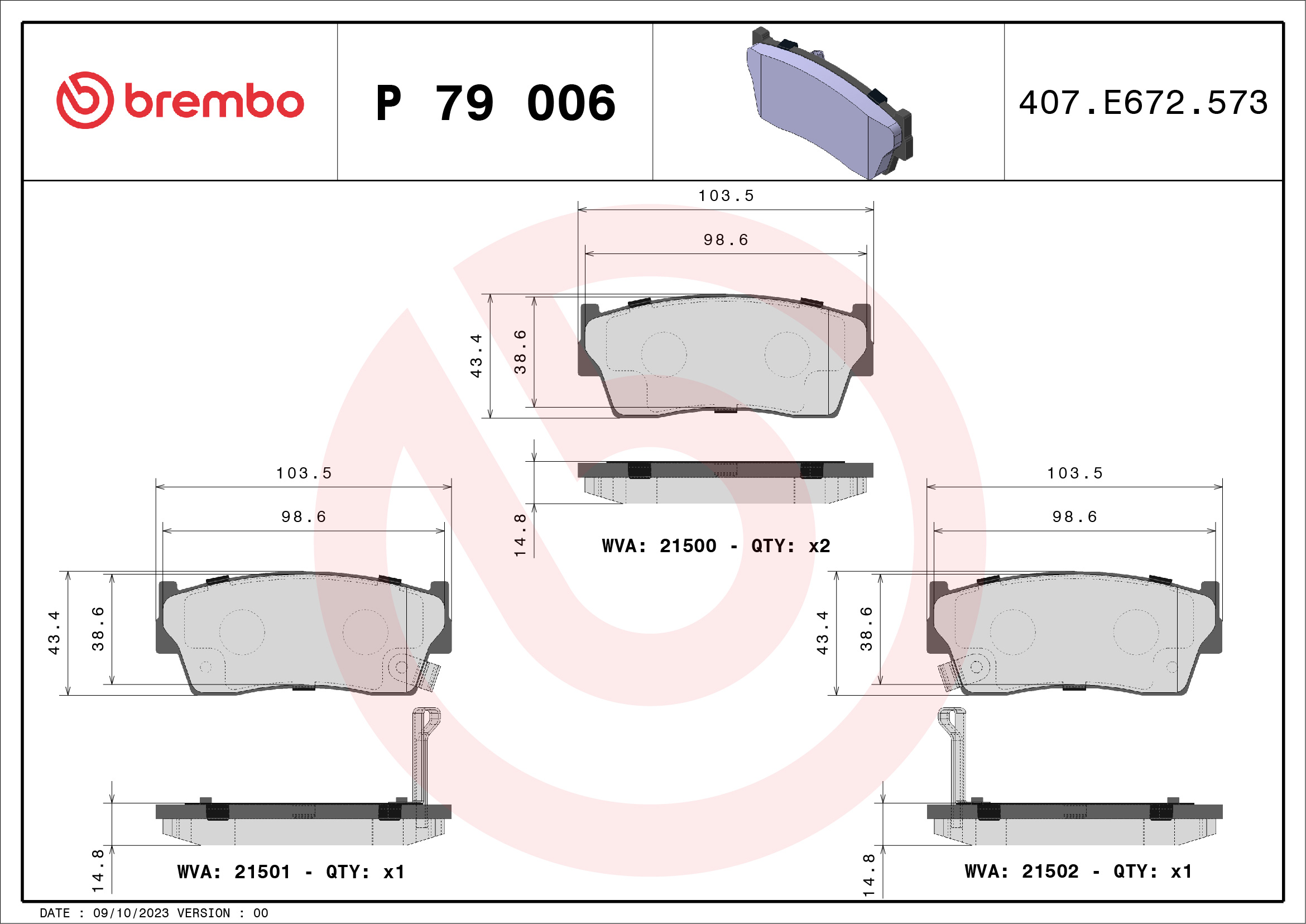 Brake Pad Set, disc brake - P 79 006 BREMBO