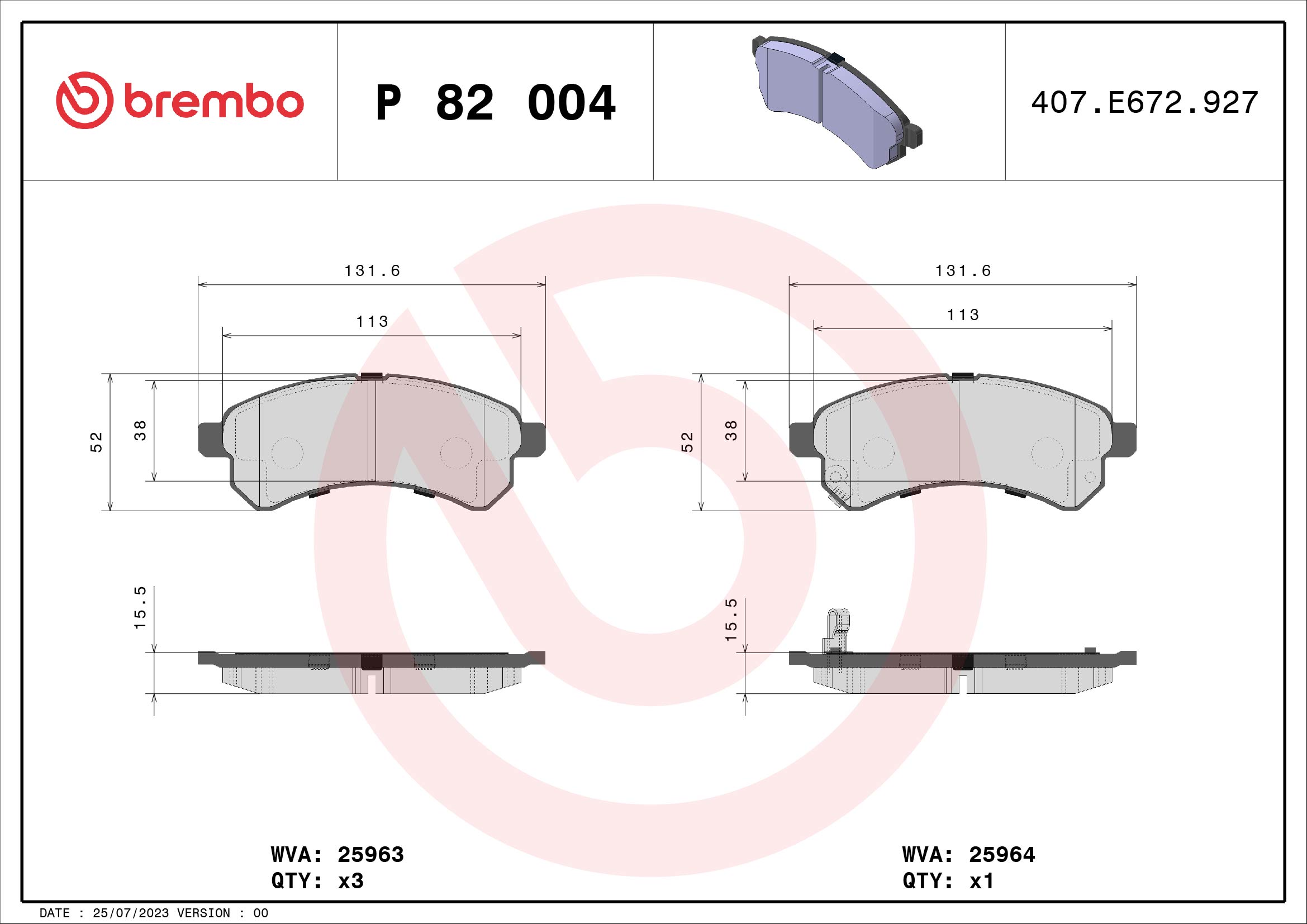 Brake Pad Set, disc brake - P 82 004 BREMBO