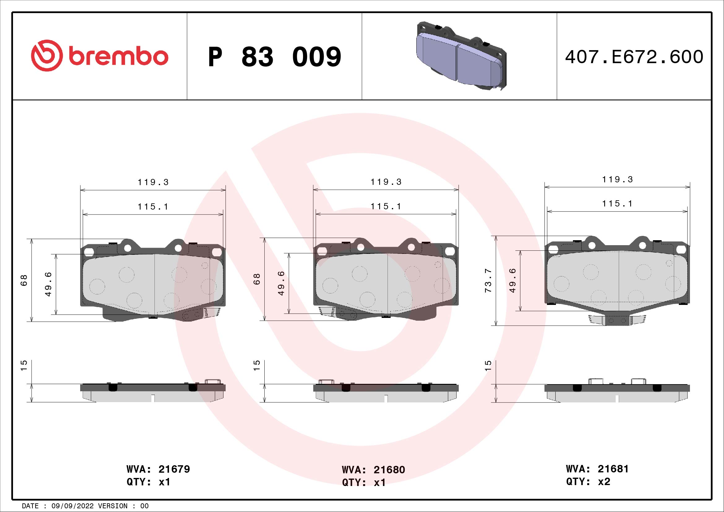 Brake Pad Set, disc brake - P 83 009 BREMBO