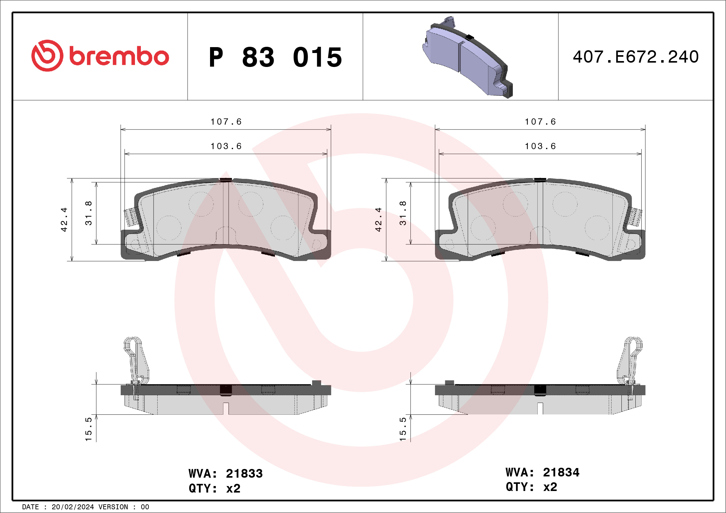 Комплект тормозных колодок, дисковый тормоз - P 83 015 BREMBO