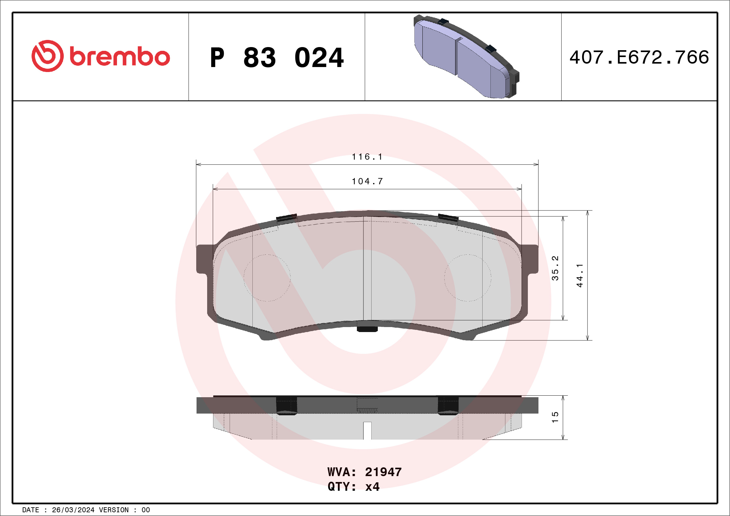 Brake Pad Set, disc brake - P 83 024 BREMBO