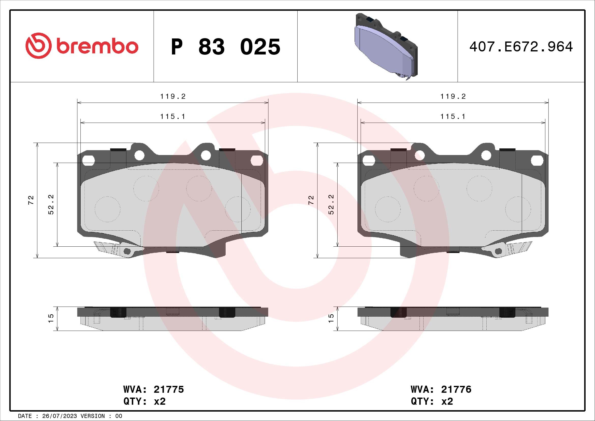 Комплект тормозных колодок, дисковый тормоз - P 83 025 BREMBO