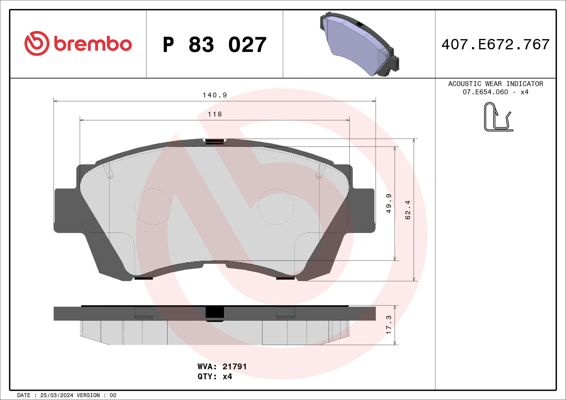 Комплект тормозных колодок, дисковый тормоз - P 83 027 BREMBO