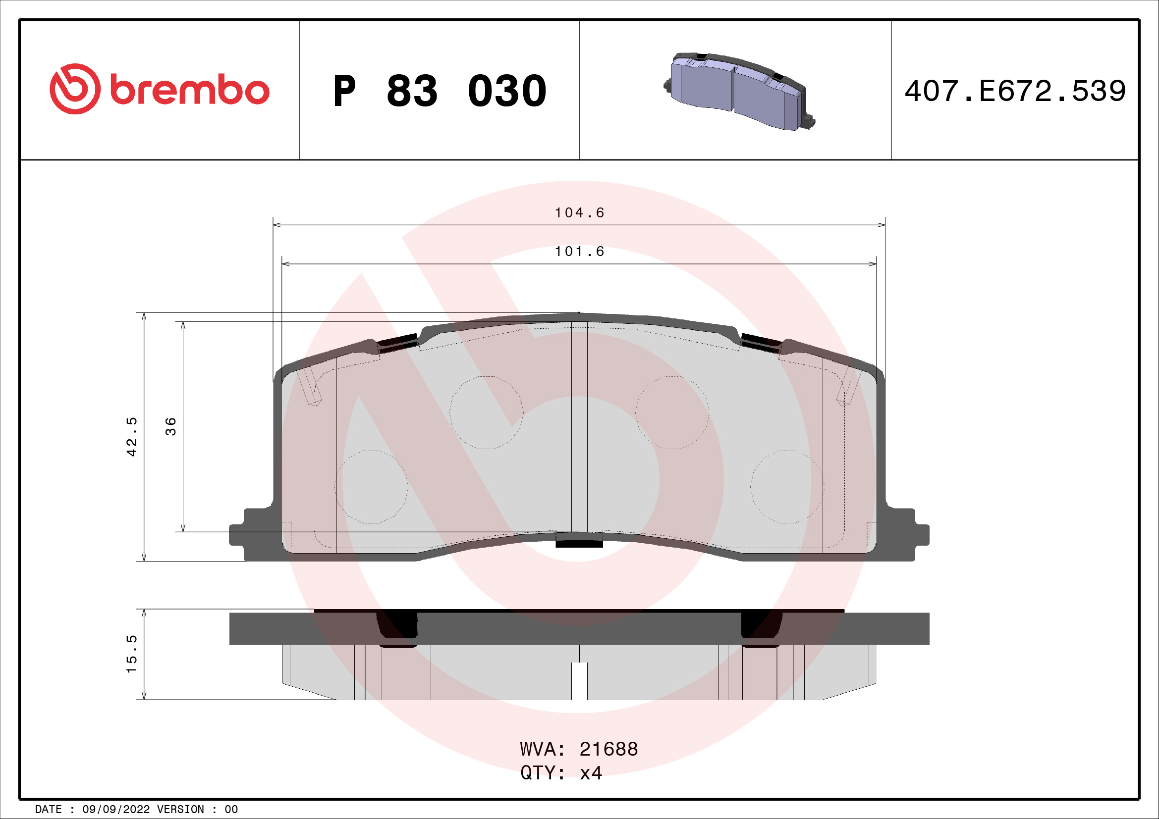 Комплект тормозных колодок, дисковый тормоз - P 83 030 BREMBO