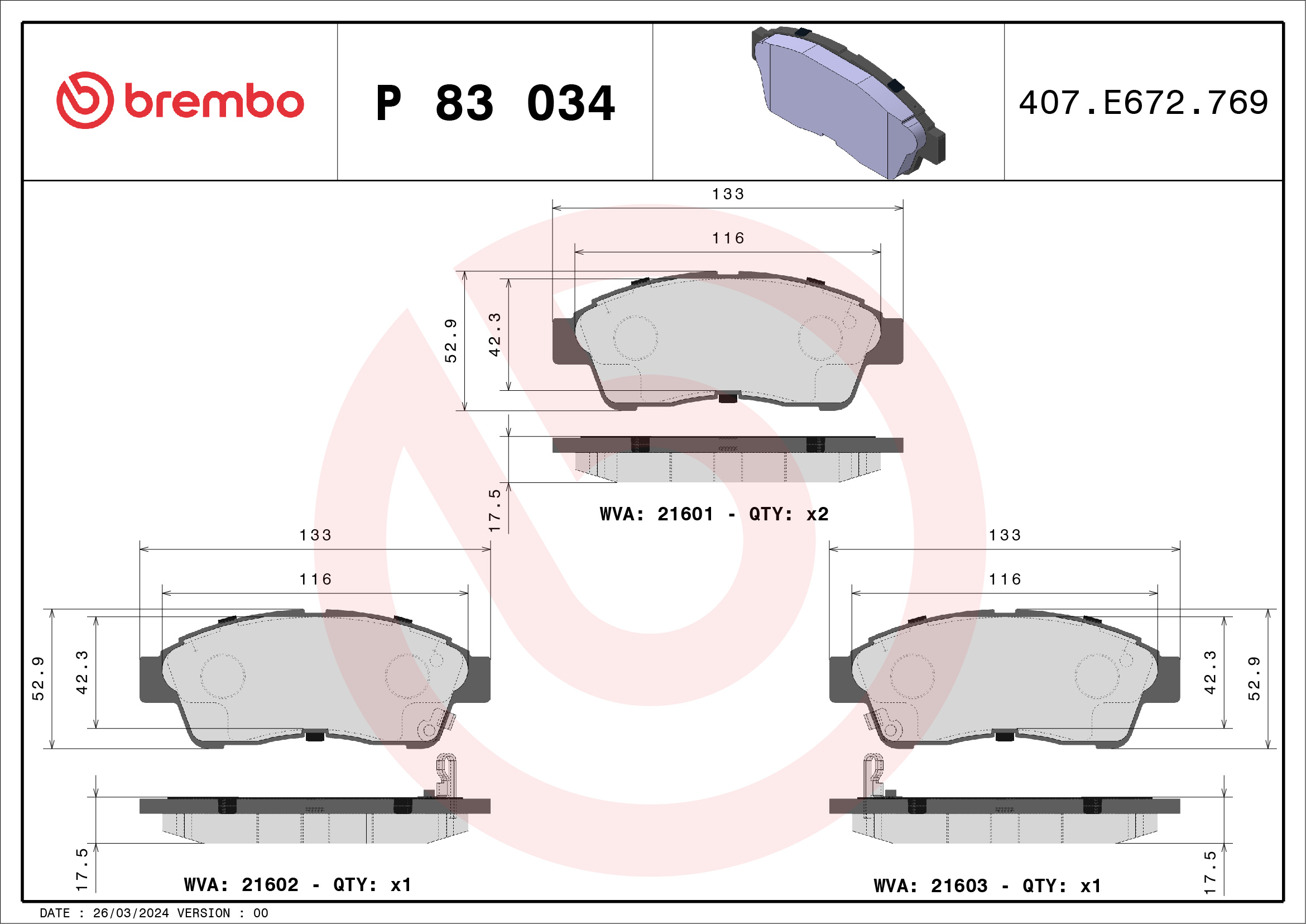 Bremsbelagsatz, Scheibenbremse - P 83 034 BREMBO