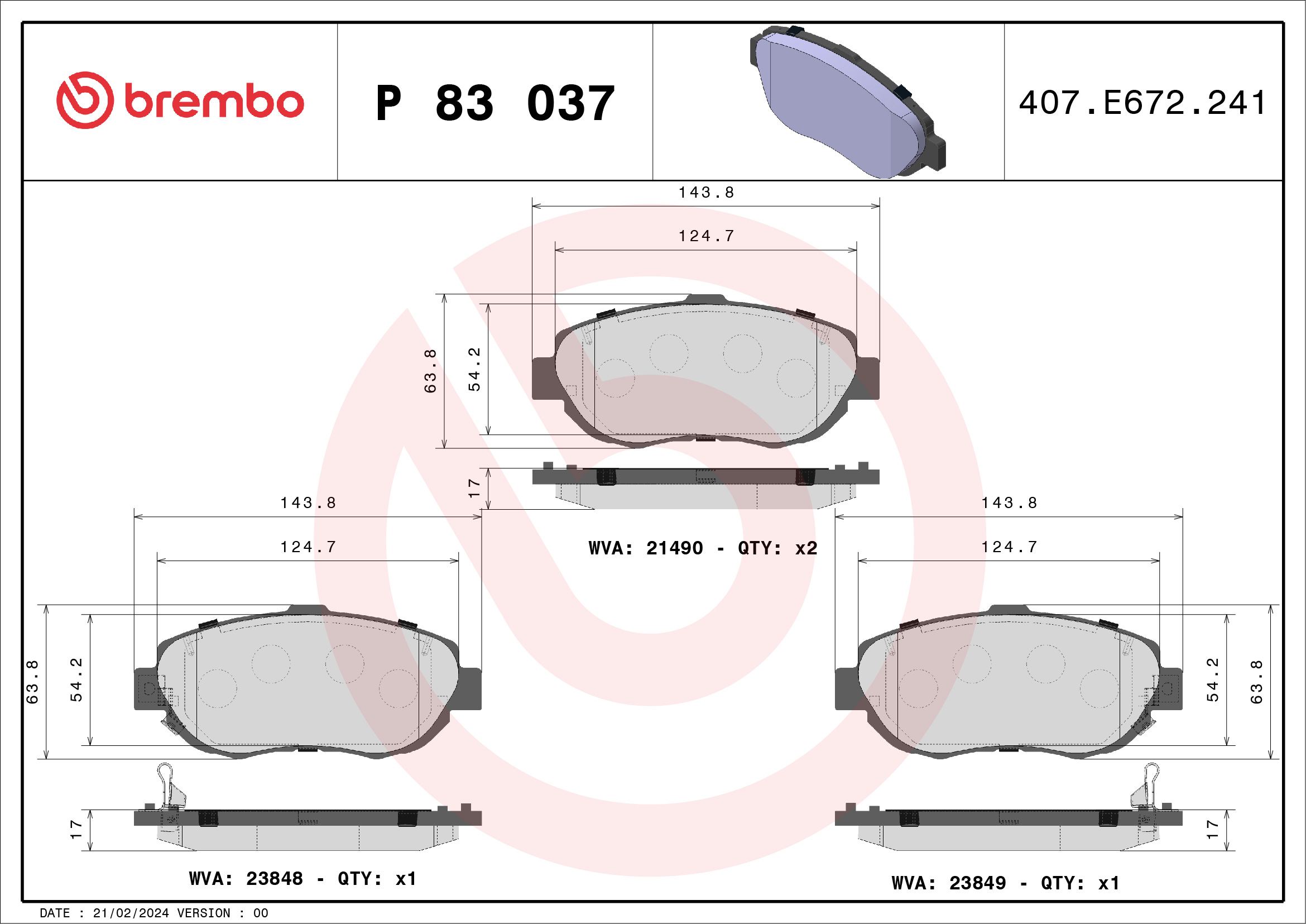 Комплект тормозных колодок, дисковый тормоз - P 83 037 BREMBO