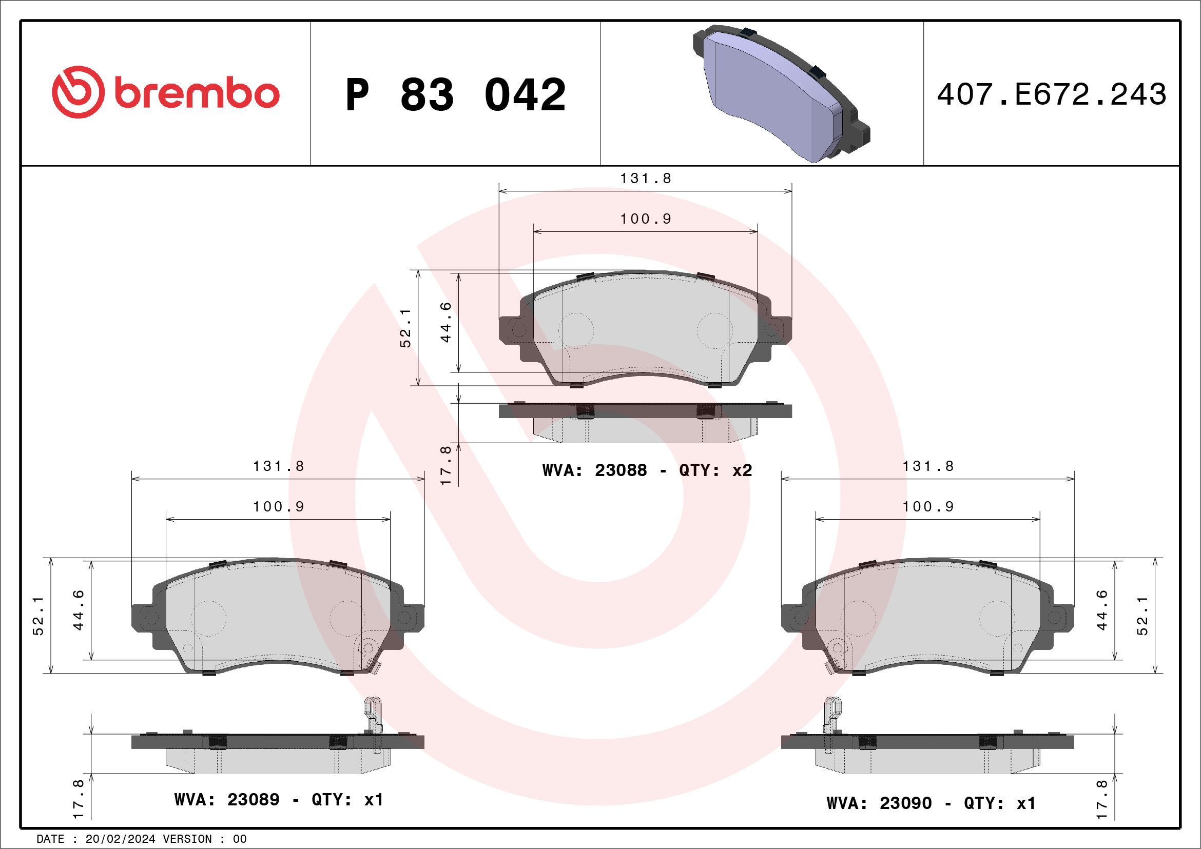 Brake Pad Set, disc brake - P 83 042 BREMBO