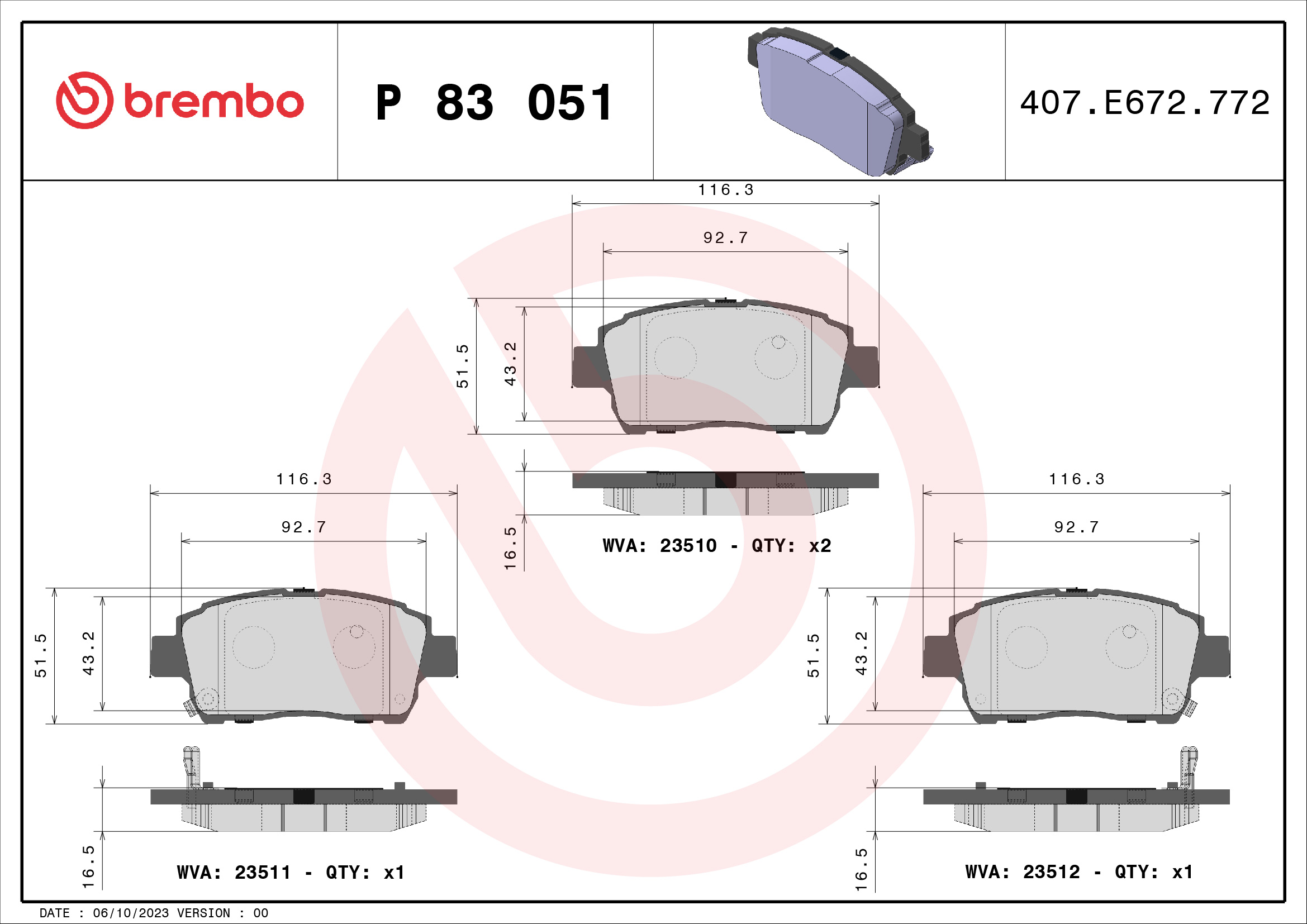 Комплект тормозных колодок, дисковый тормоз - P 83 051 BREMBO