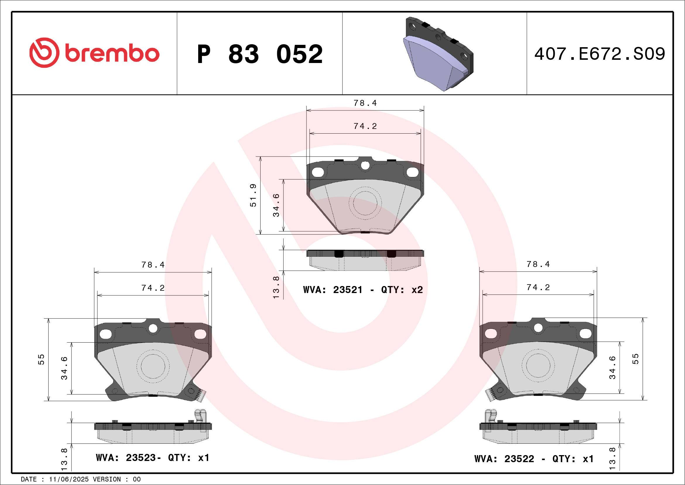 Комплект тормозных колодок, дисковый тормоз - P 83 052 BREMBO