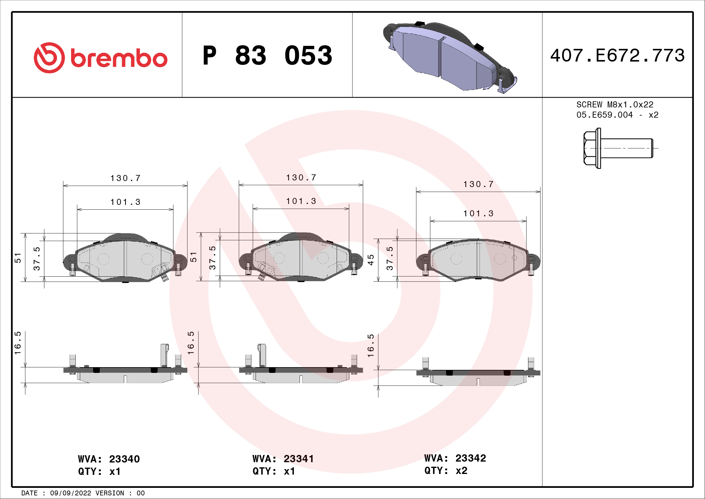 Kit pastiglie freno, Freno a disco - P 83 053 BREMBO