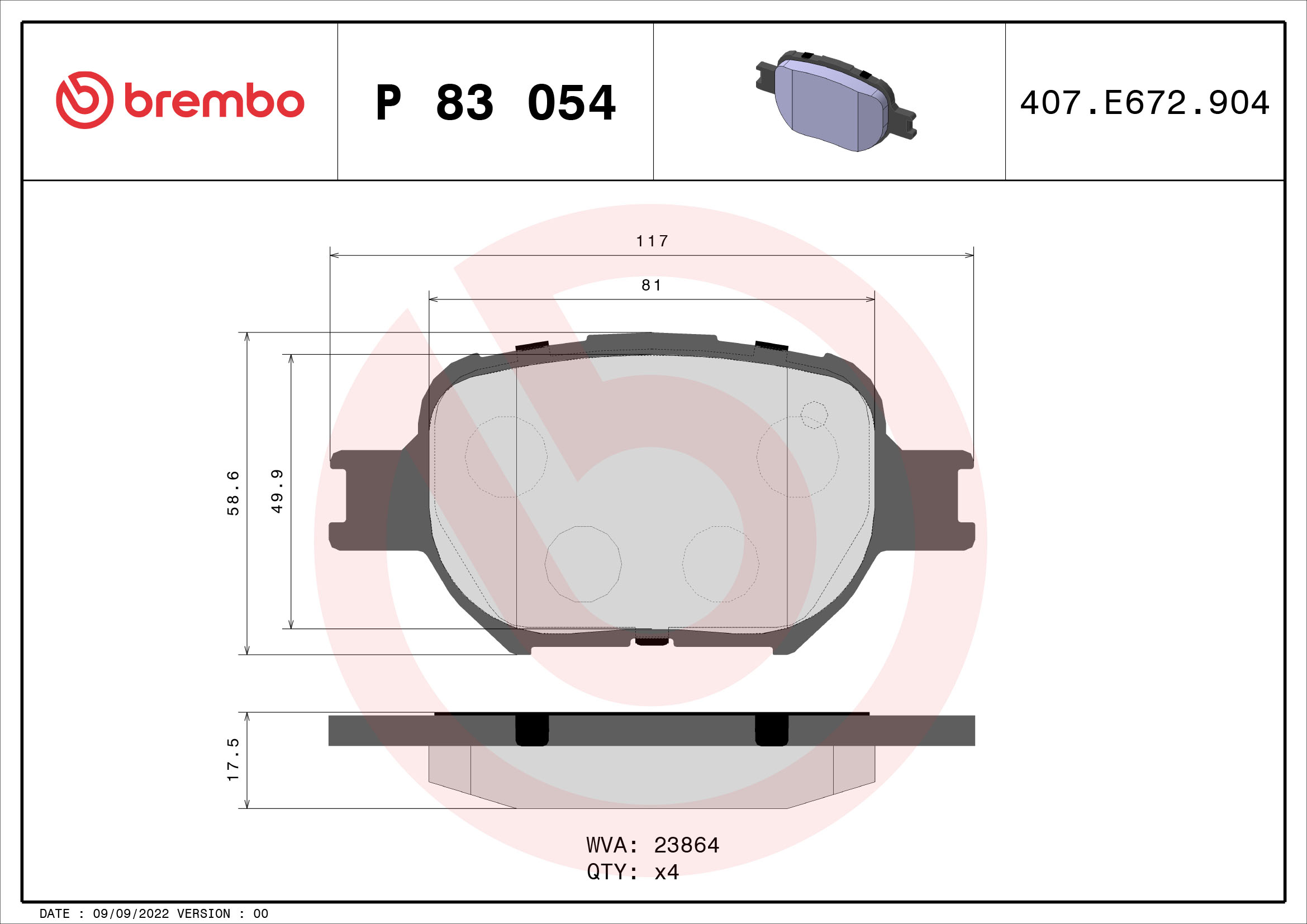 Комплект тормозных колодок, дисковый тормоз - P 83 054 BREMBO