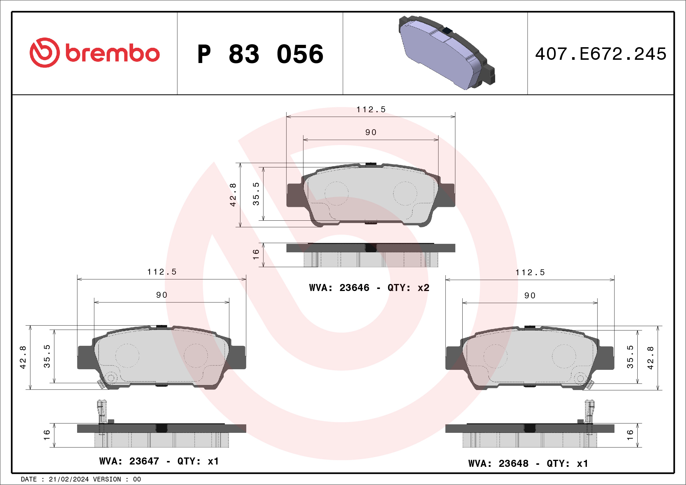 Brake Pad Set, disc brake - P 83 056 BREMBO