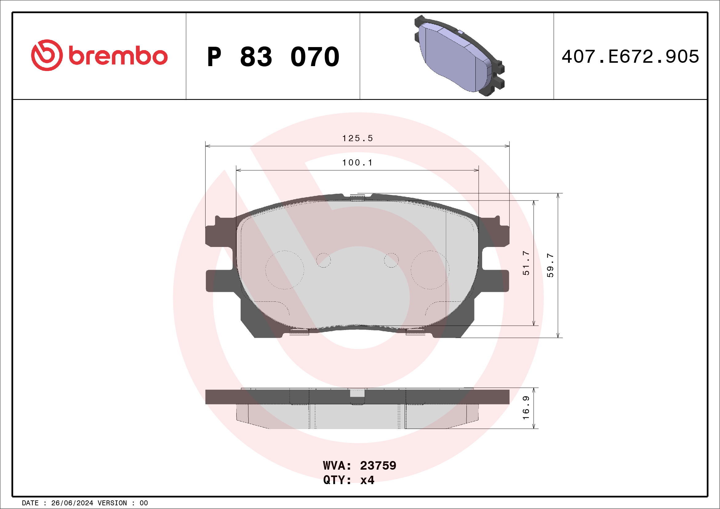 Kit pastiglie freno, Freno a disco - P 83 070 BREMBO