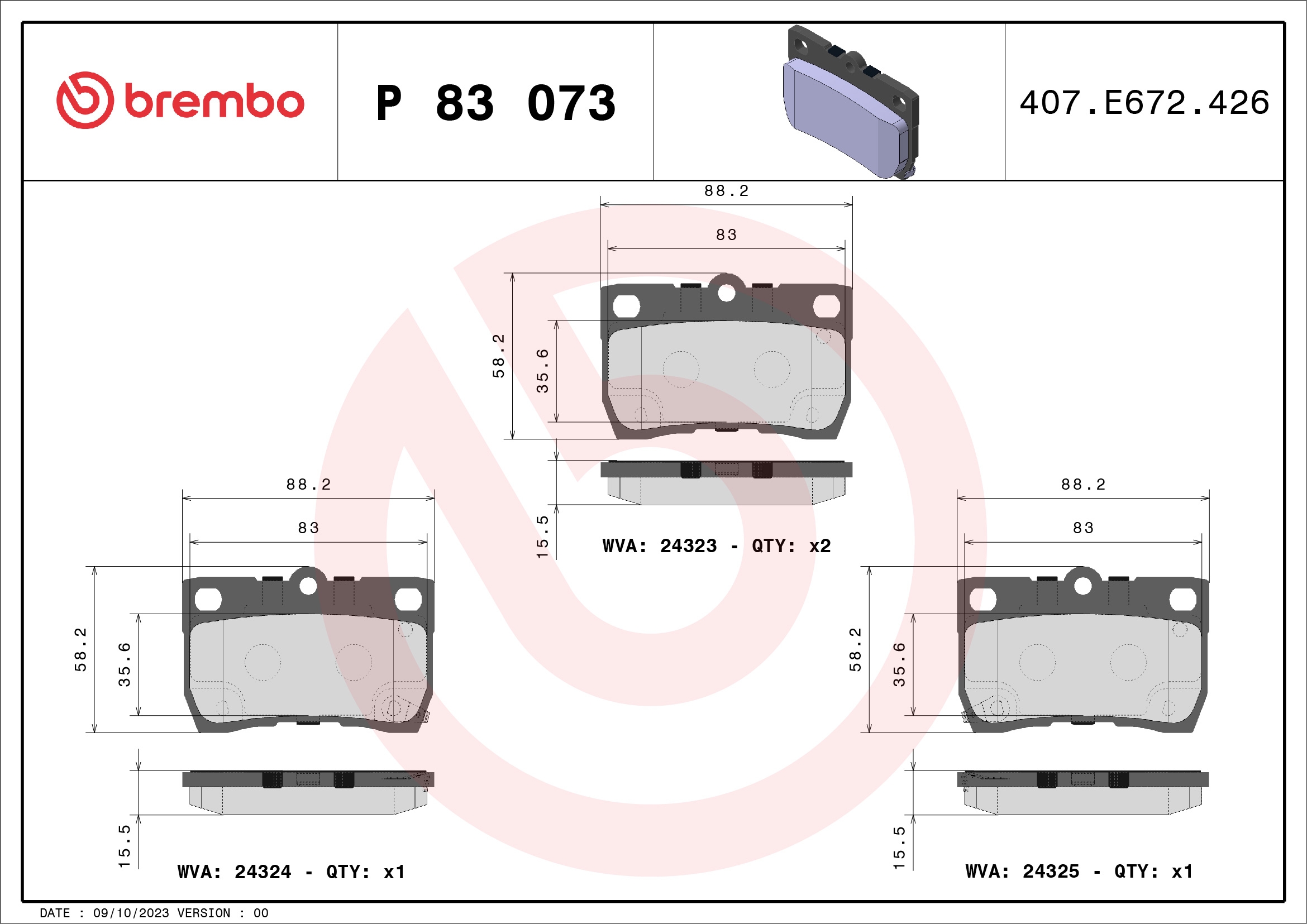 Brake Pad Set, disc brake - P 83 073 BREMBO