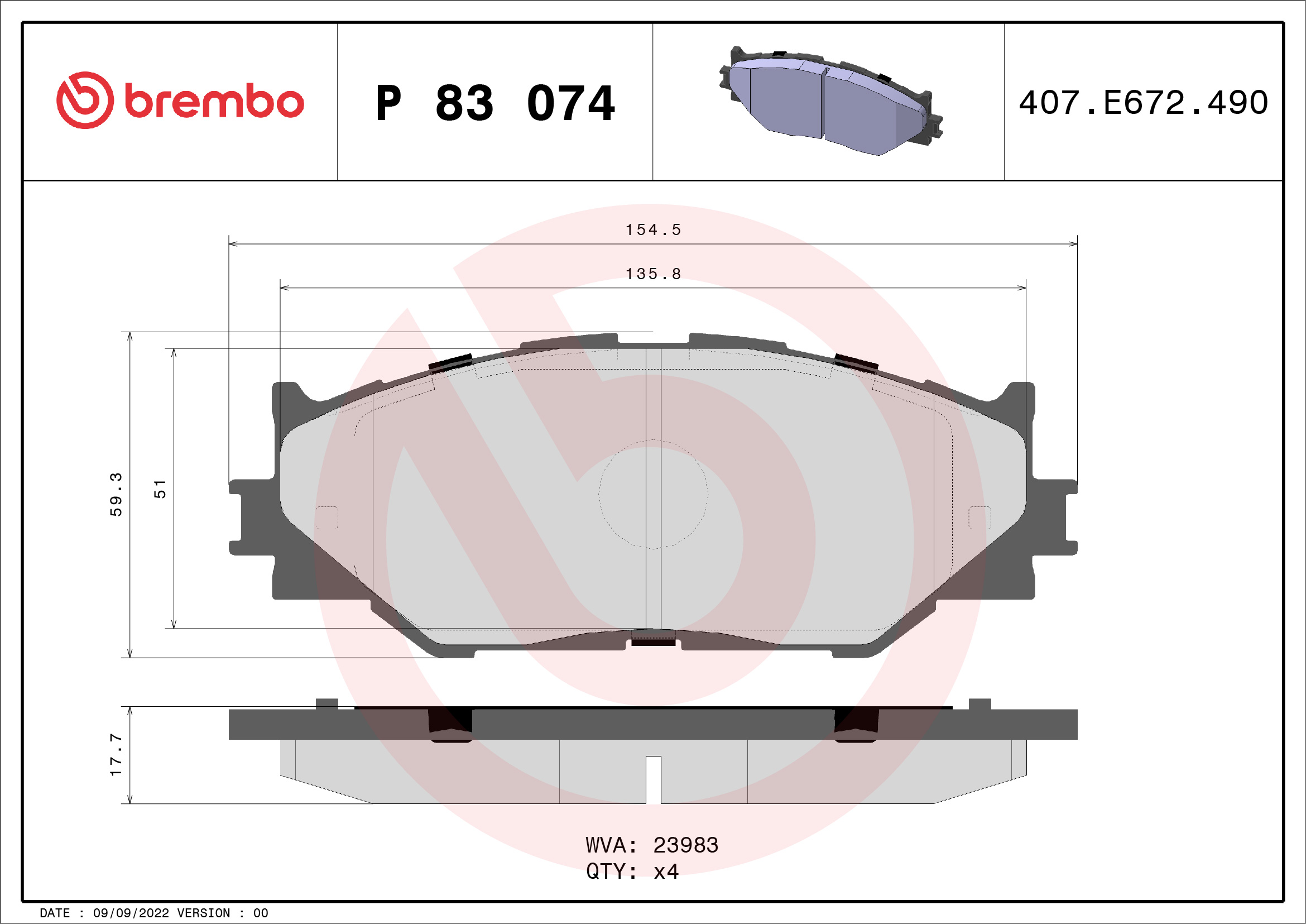 Brake Pad Set, disc brake - P 83 074 BREMBO