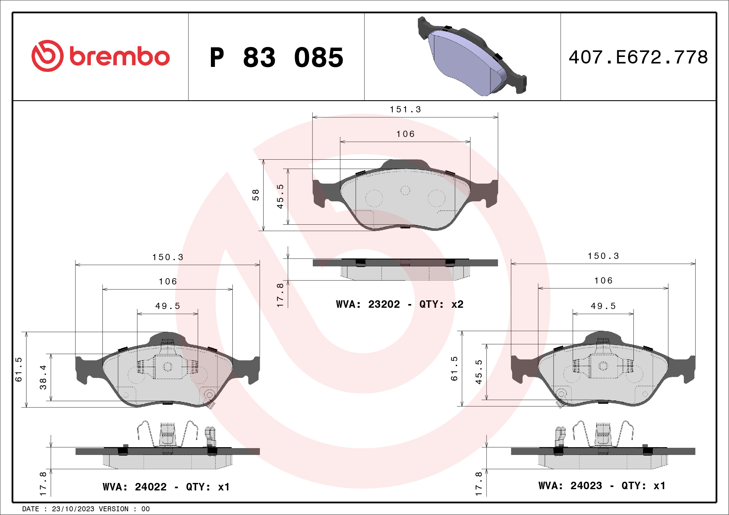 Brake Pad Set, disc brake - P 83 085 BREMBO
