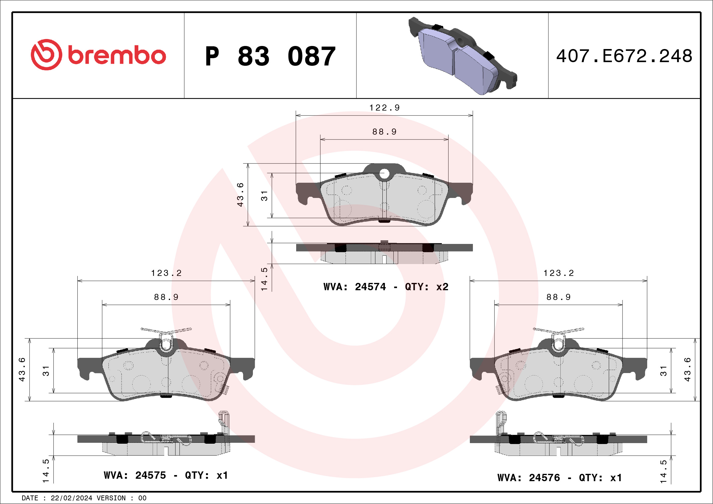 Kit pastiglie freno, Freno a disco - P 83 087 BREMBO