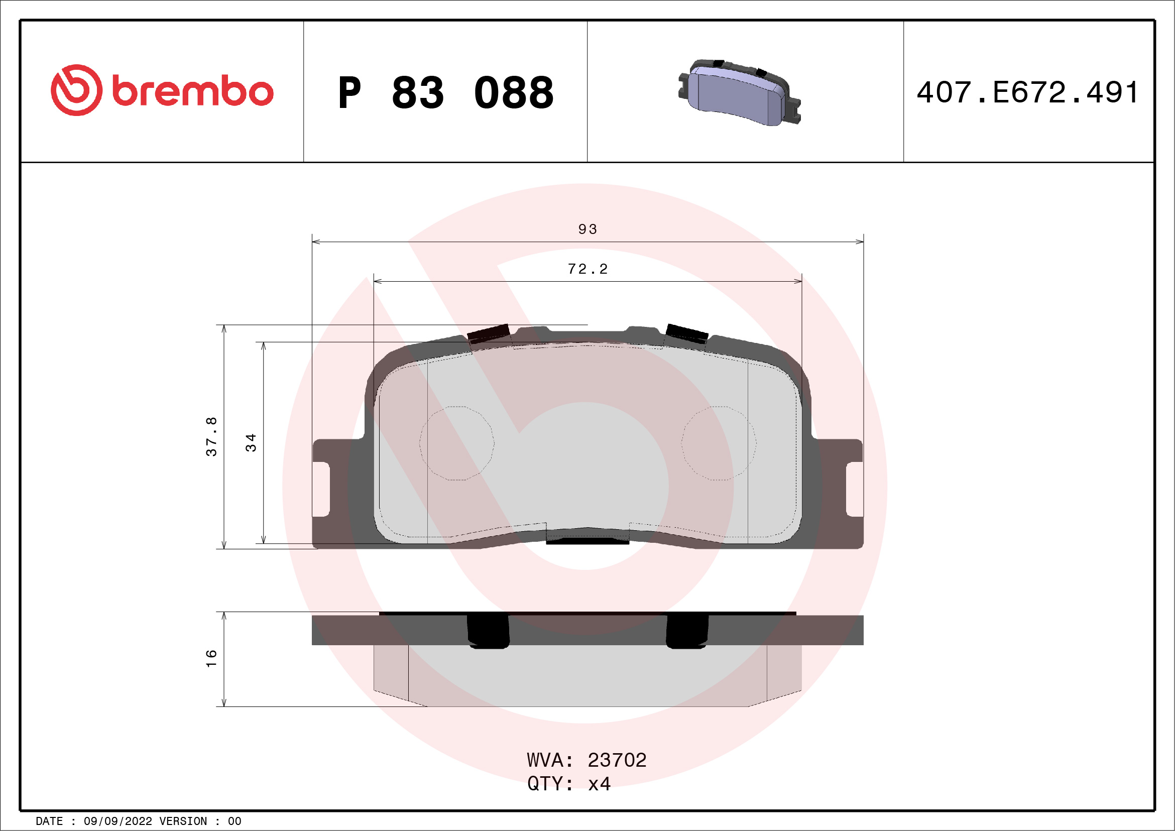 Bremsbelagsatz, Scheibenbremse - P 83 088 BREMBO