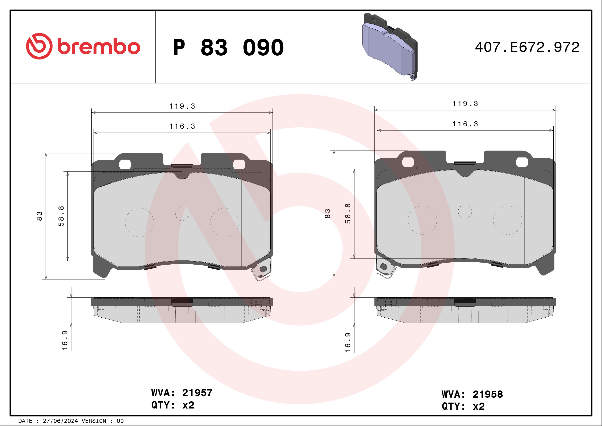 Комплект тормозных колодок, дисковый тормоз - P 83 090 BREMBO
