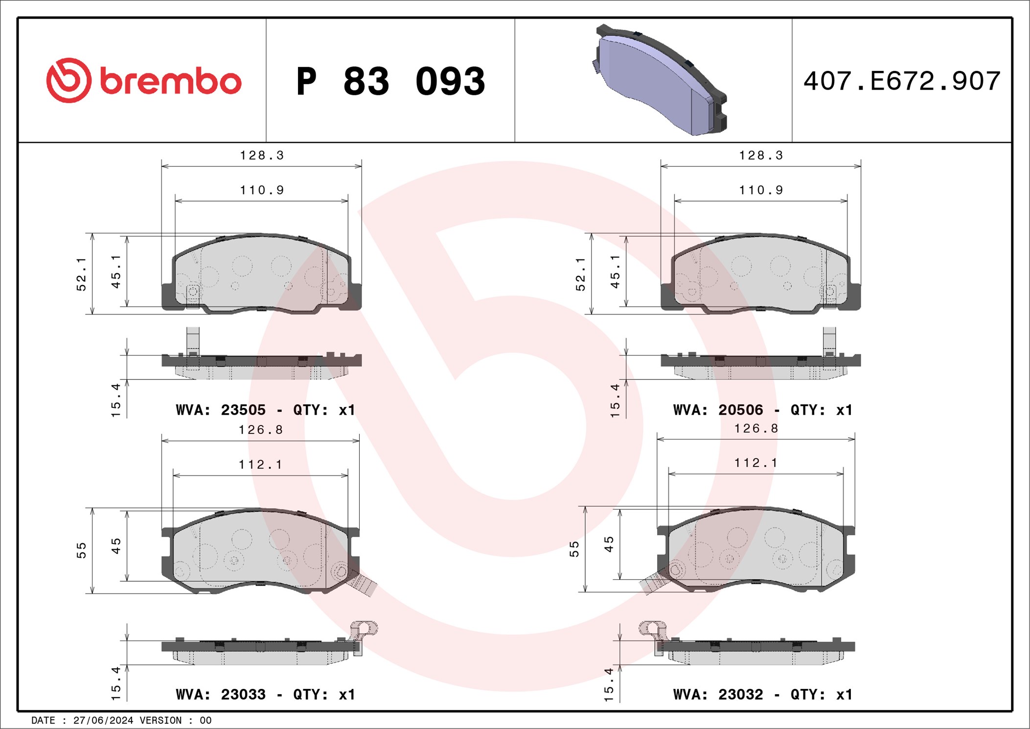 Bremsbelagsatz, Scheibenbremse - P 83 093 BREMBO
