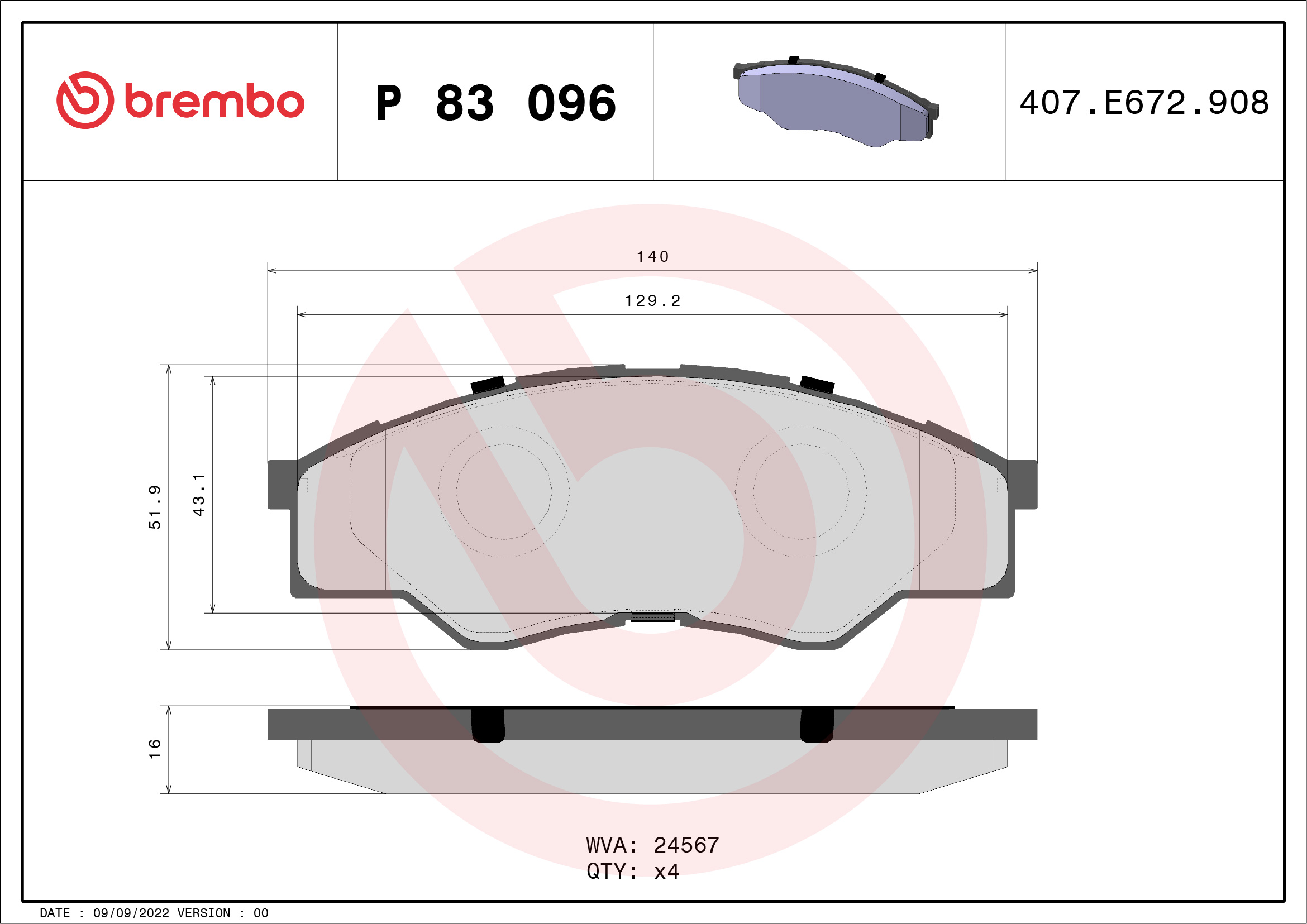 Brake Pad Set, disc brake - P 83 096 BREMBO