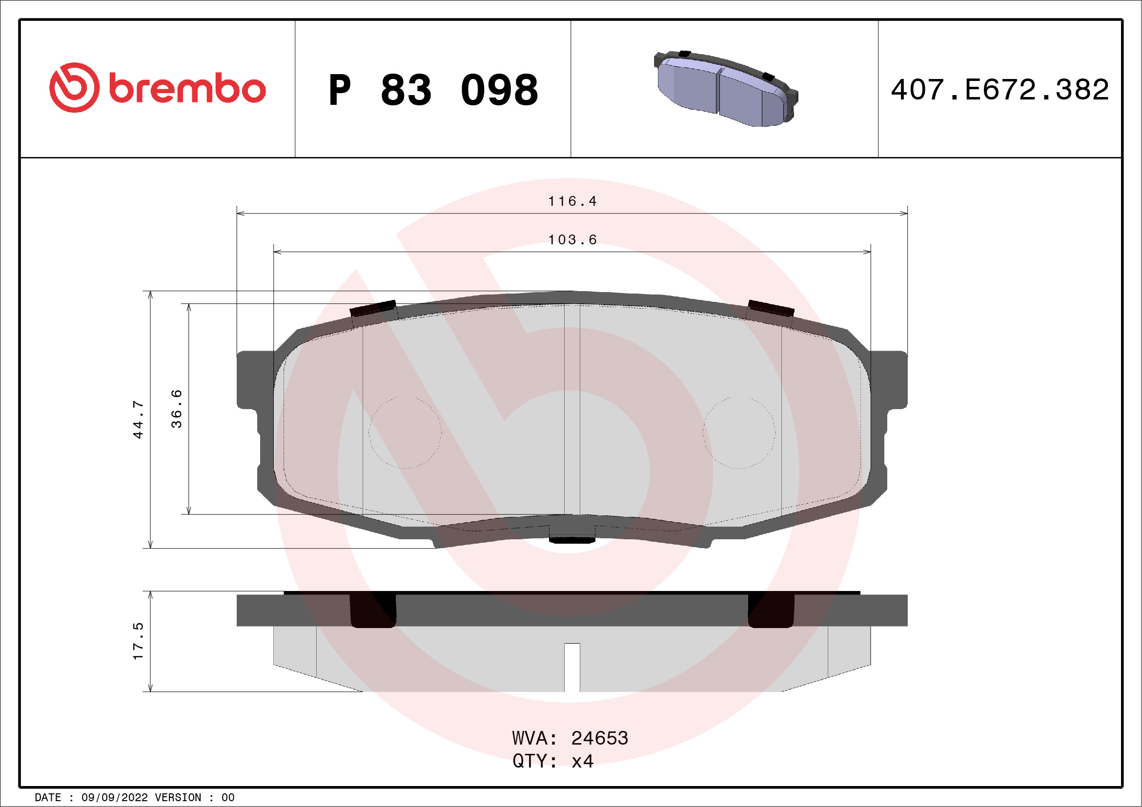 stabdžių trinkelių rinkinys, diskinis stabdys - P 83 098 BREMBO