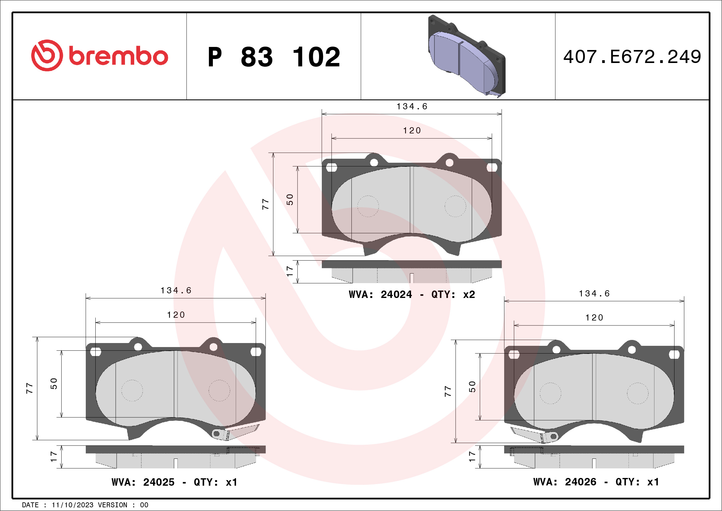 Комплект тормозных колодок, дисковый тормоз - P 83 102 BREMBO