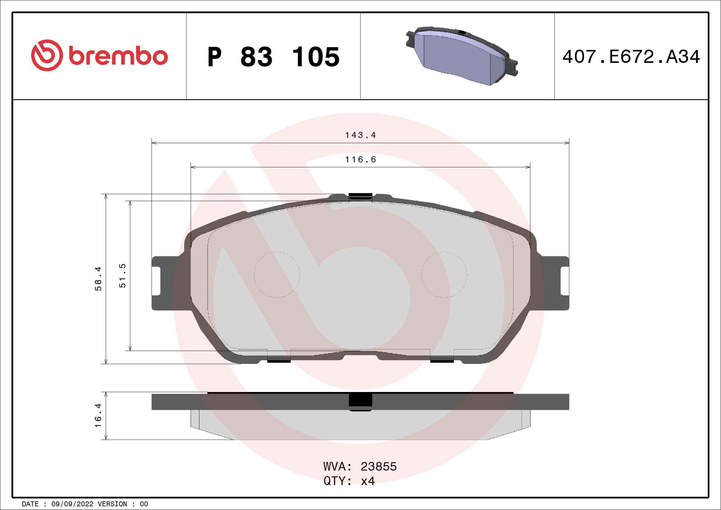 Brake Pad Set, disc brake - P 83 105 BREMBO