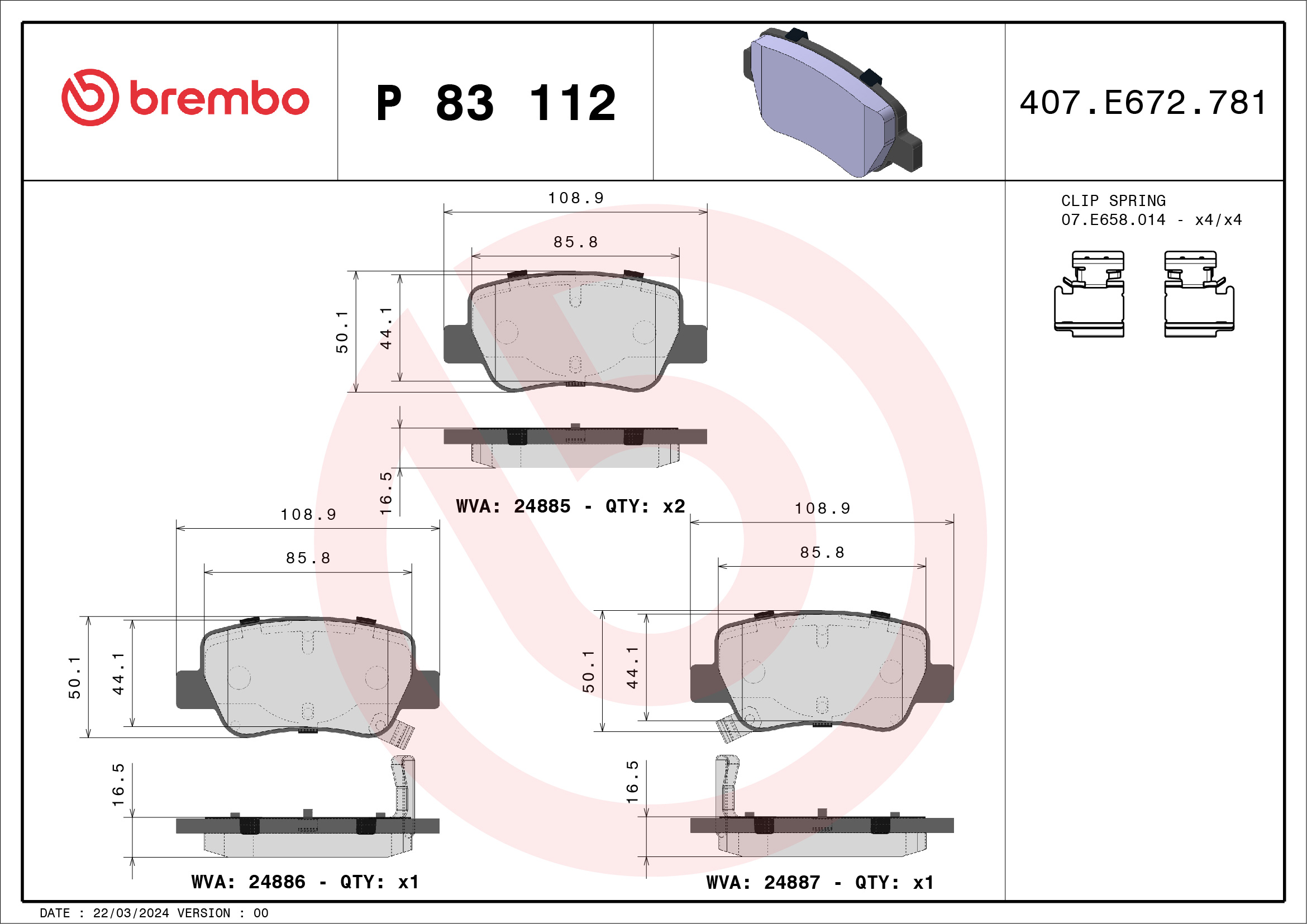 Комплект тормозных колодок, дисковый тормоз - P 83 112 BREMBO