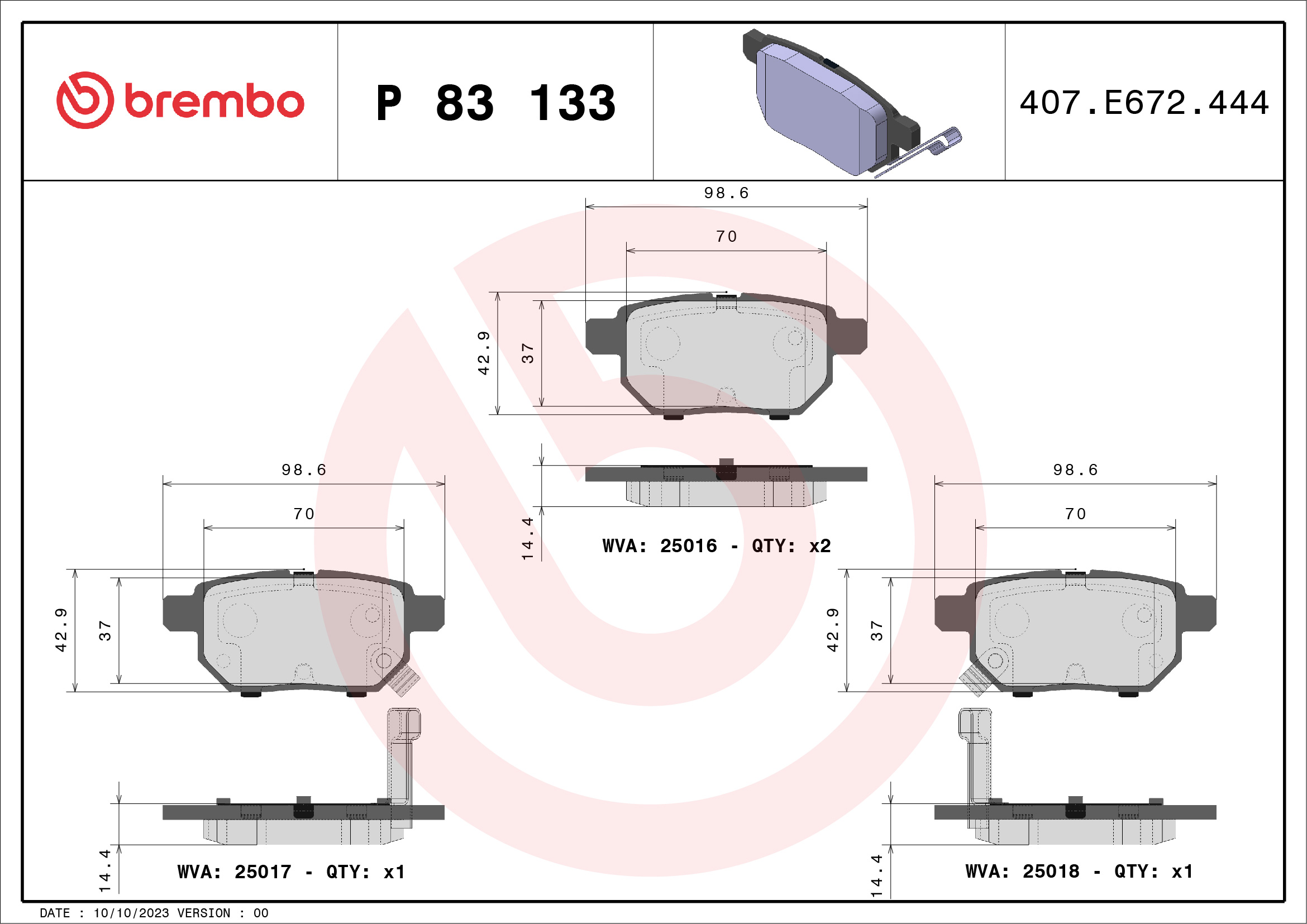 Brake Pad Set, disc brake - P 83 133 BREMBO