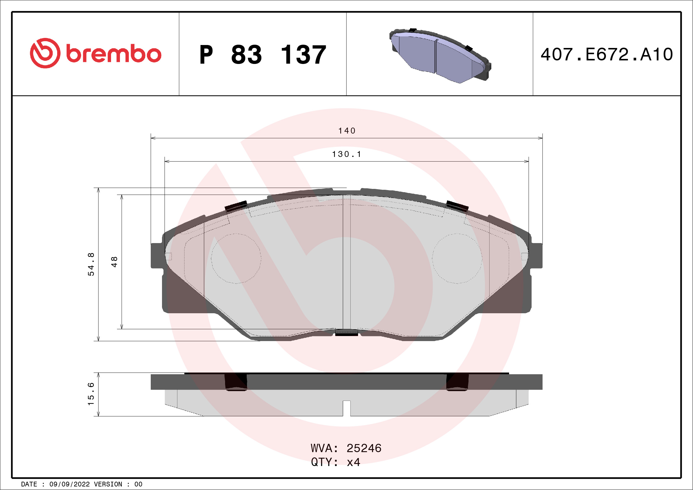 Комплект тормозных колодок, дисковый тормоз - P 83 137 BREMBO