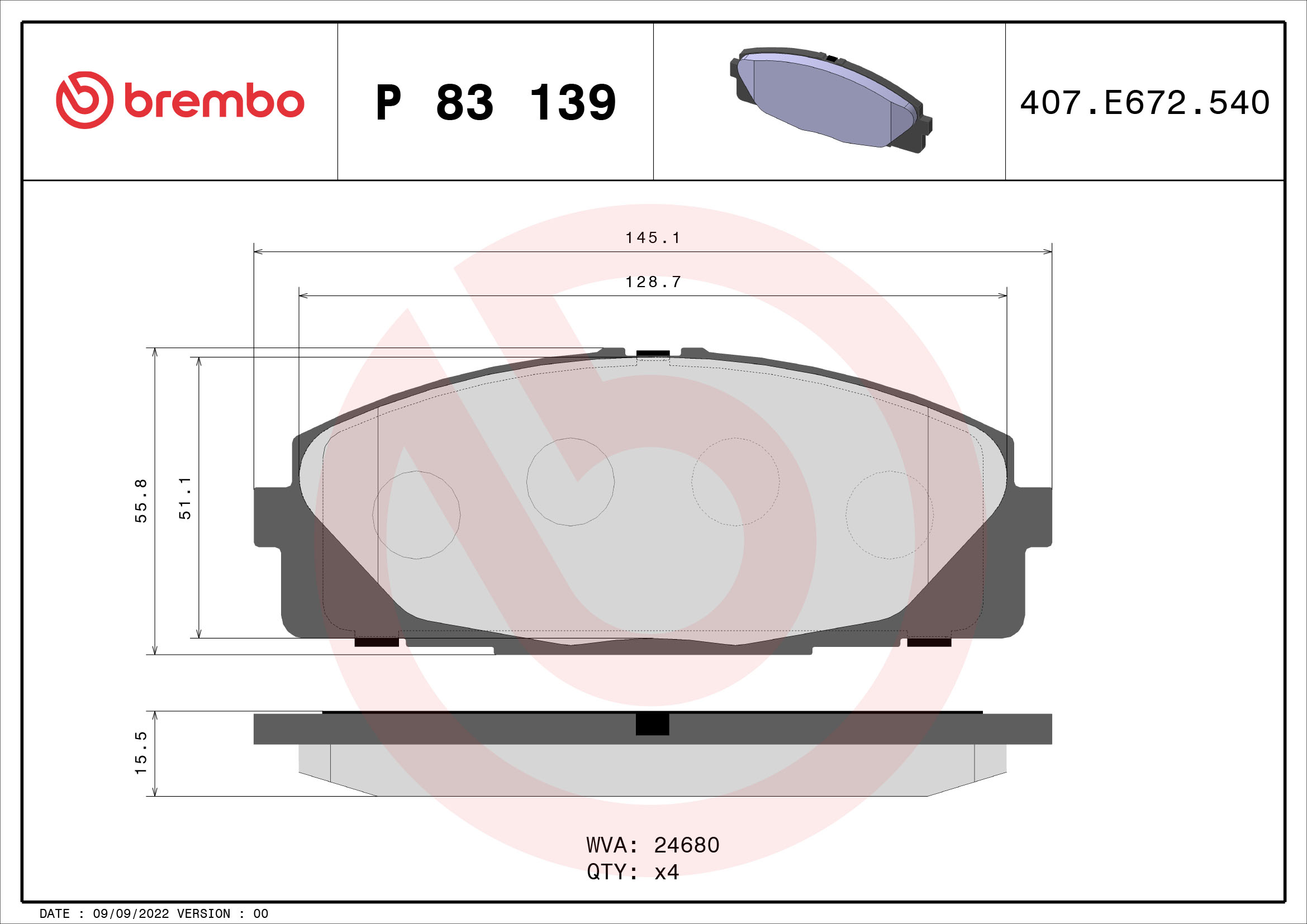 Brake Pad Set, disc brake - P 83 139 BREMBO
