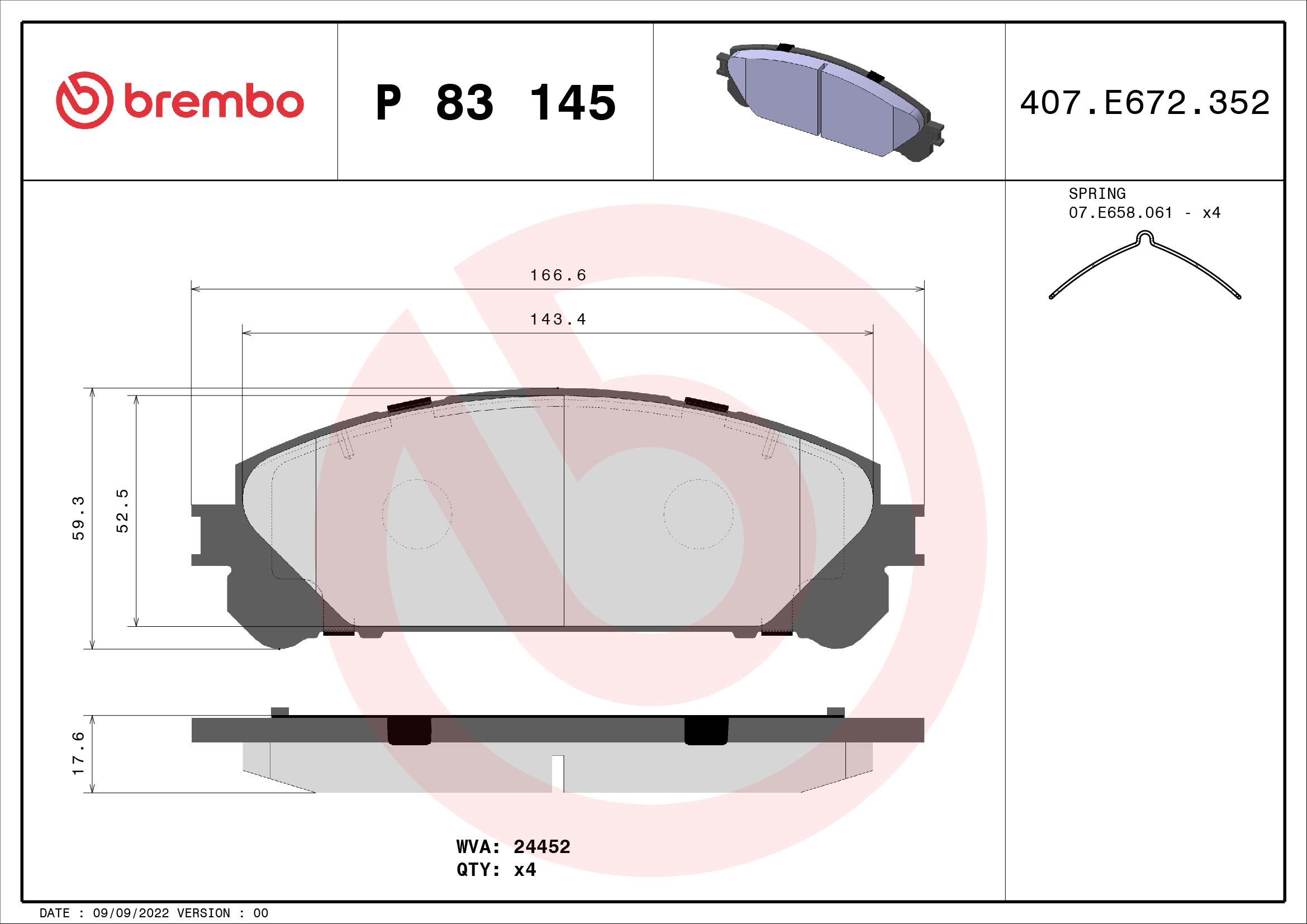 Kit pastiglie freno, Freno a disco - P 83 145 BREMBO