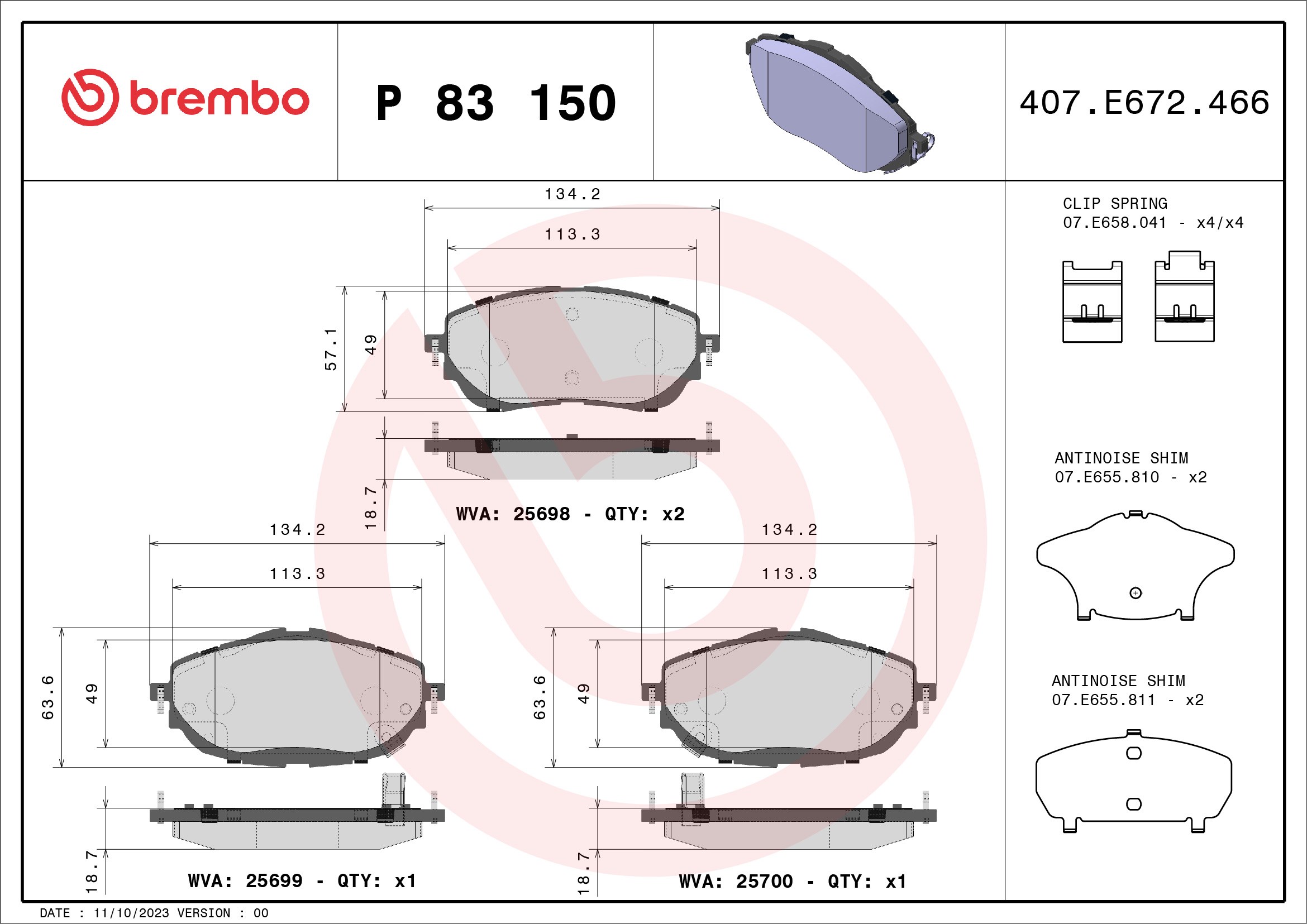 Brake Pad Set, disc brake - P 83 150 BREMBO