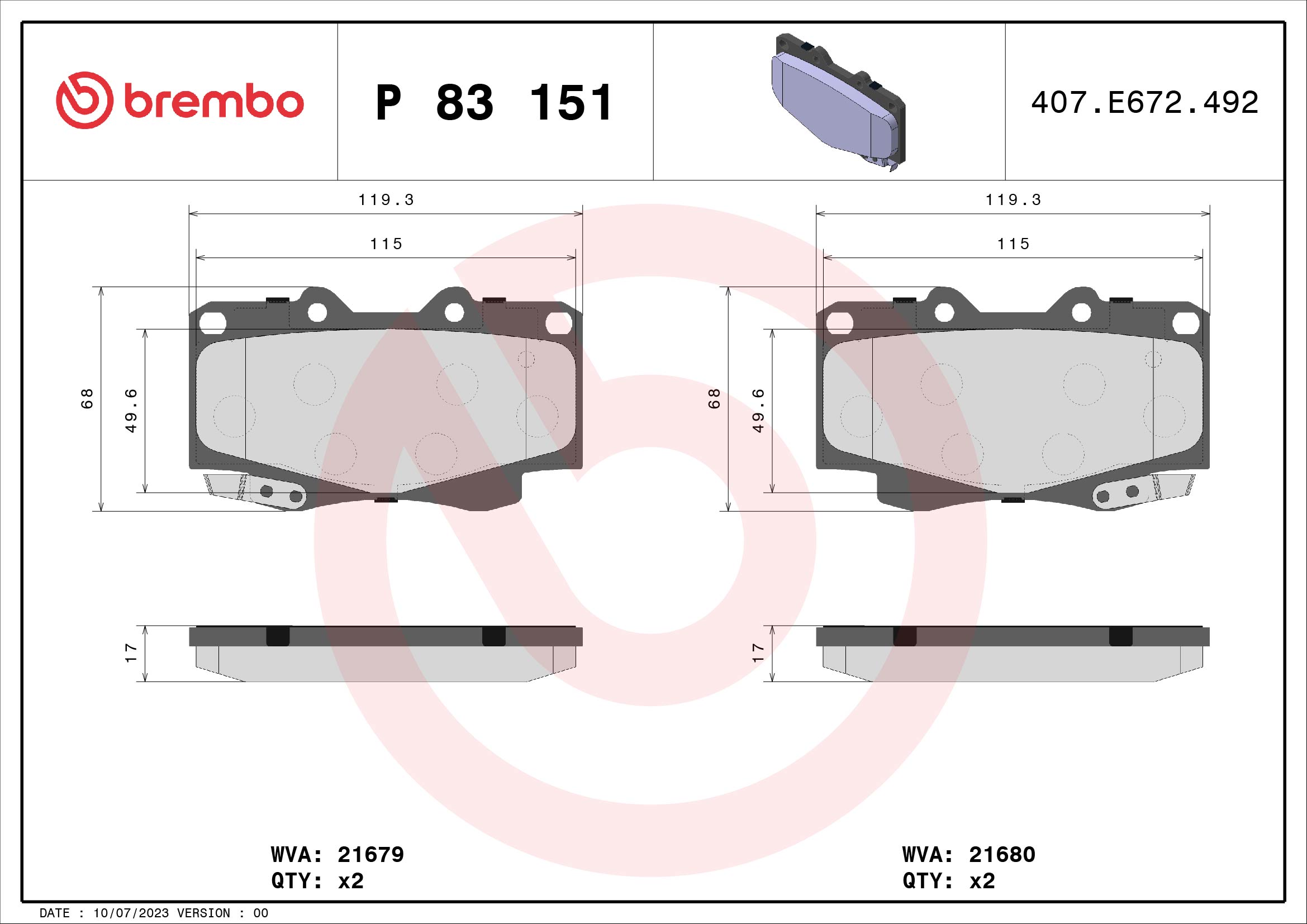 Bremsbelagsatz, Scheibenbremse - P 83 151 BREMBO