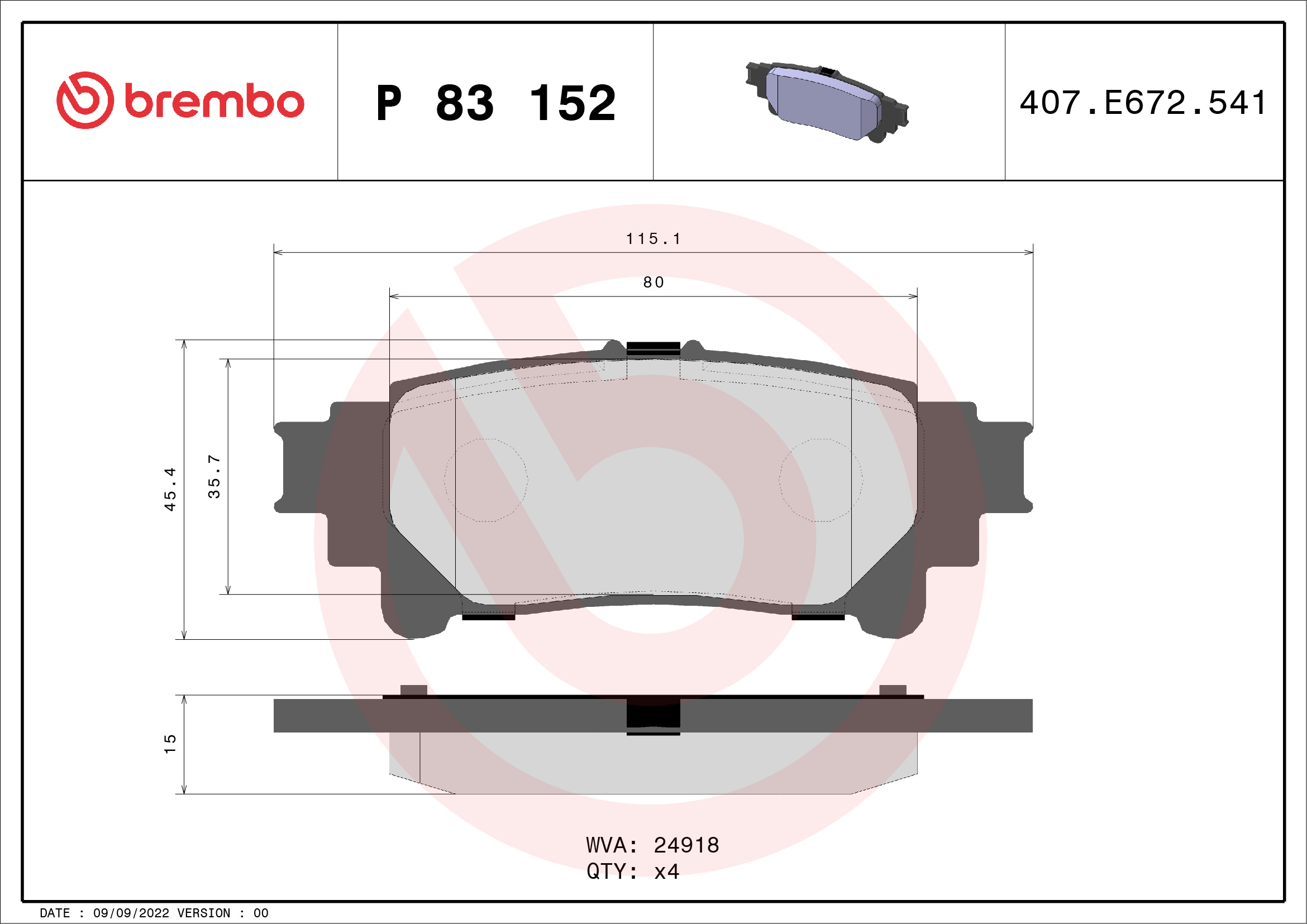 Brake Pad Set, disc brake - P 83 152 BREMBO