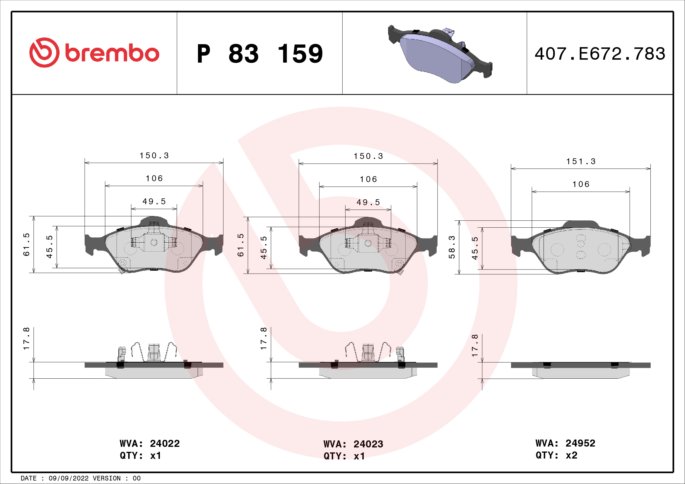 Brake Pad Set, disc brake - P 83 159 BREMBO